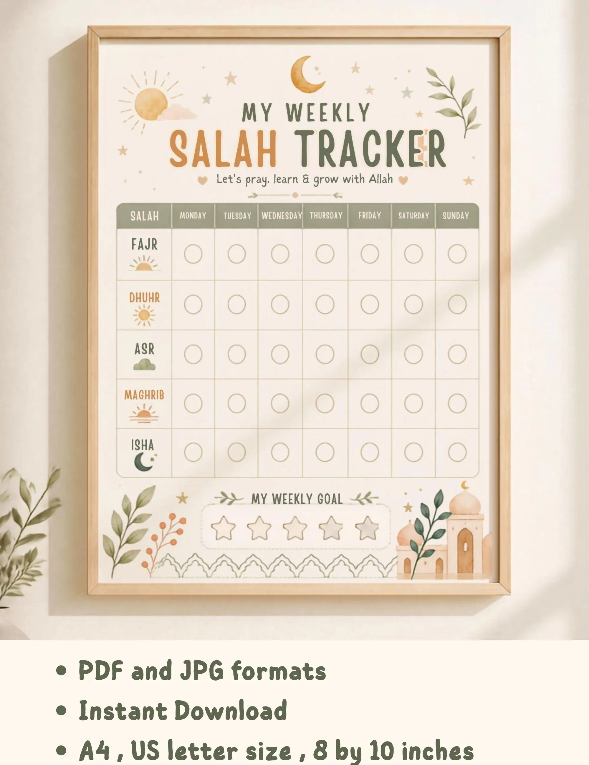 Boho Kawaii Weekly Salah Tracker for Kids (Digital Download) - image 2