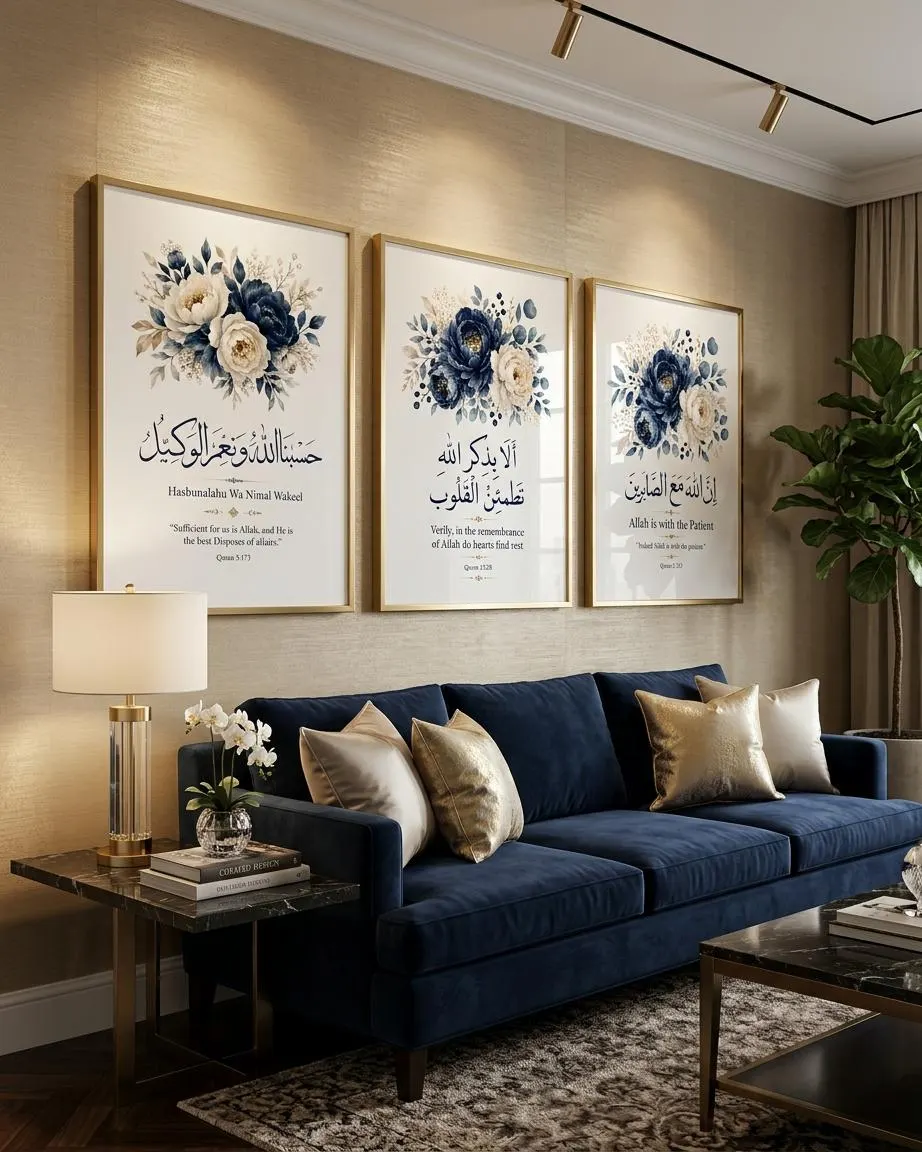 islamic wall art set of 3 printables navy and white botanicals digital download