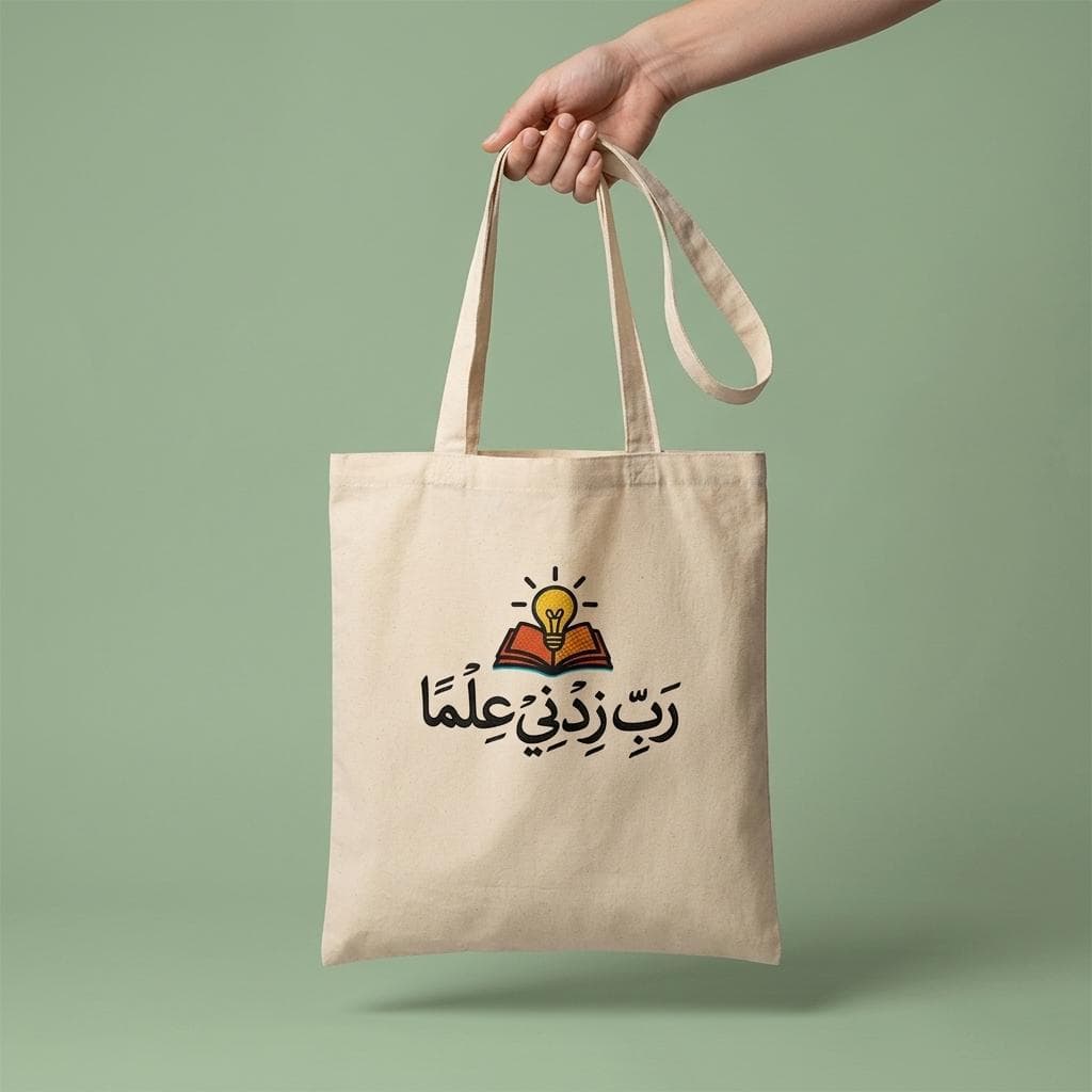 Rabbi Zidni Ilma Tote Bag Arabic Calligraphy | Increase My Knowledge Quran Quote , Islamic Student Gift, Muslim Canvas Sack Book Design