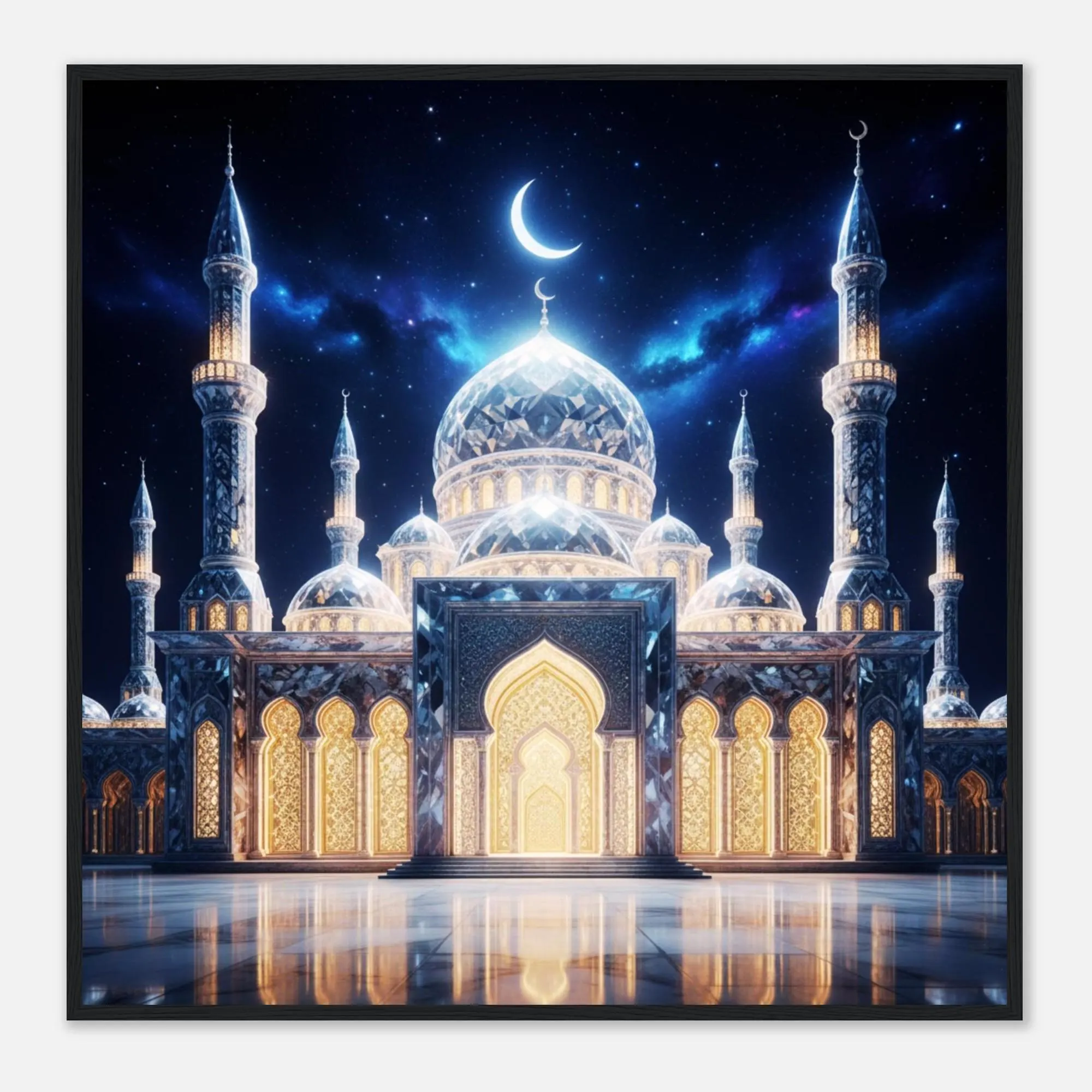 Crystal Mosque Wall Art Framed Print – Islamic Architecture Poster, Crescent Moon Night Sky Muslim Home Decor, Ramadan Decoration, Eid Gift