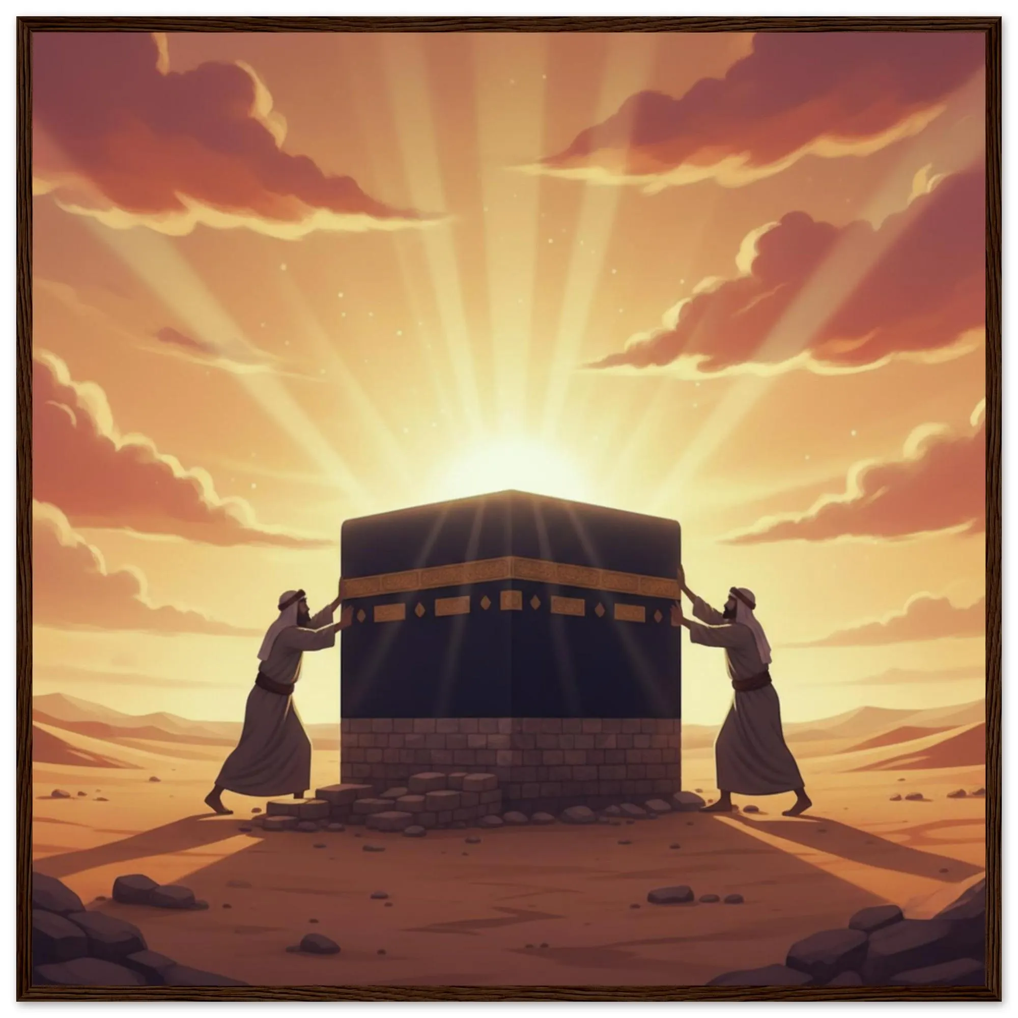 Prophet Ibrahim and Ismail Building the Kaaba Framed Wall Art – Mecca Sacred Mosque Illustration, Islamic Heritage Decor, Muslim Gift