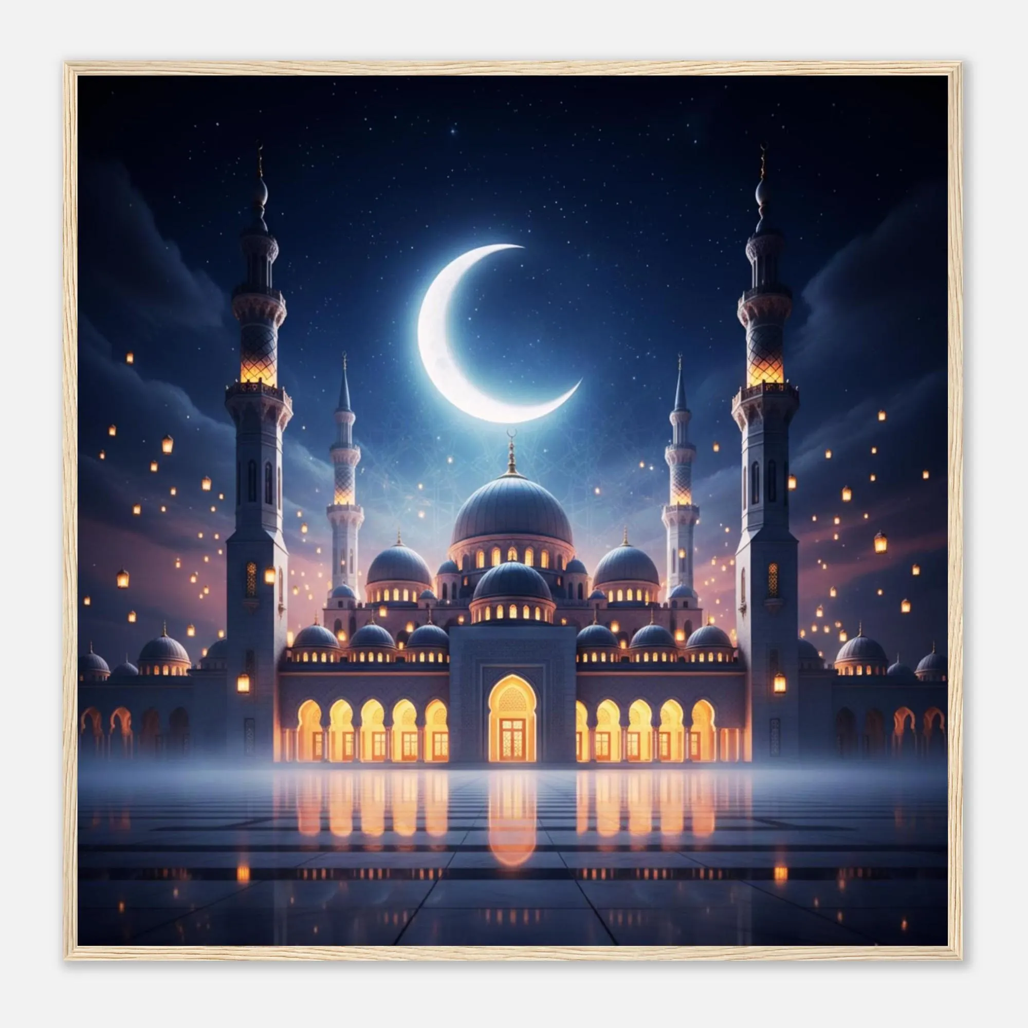 Mosque Wall Art Framed Print – Crescent Moon Poster, Ramadan Lantern Night decoration, Muslim Home Decor, Eid Gift, Islamic Architecture Art