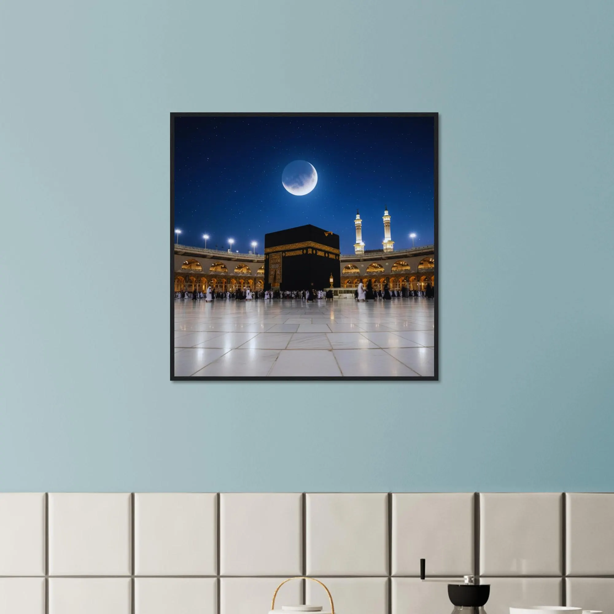 Kaaba Night Framed Wall Art – Mecca Under Full Moon Print, Masjid al Haram Islamic Decor, Muslim Home Gift, Ramadan Eid Artwork - image 5