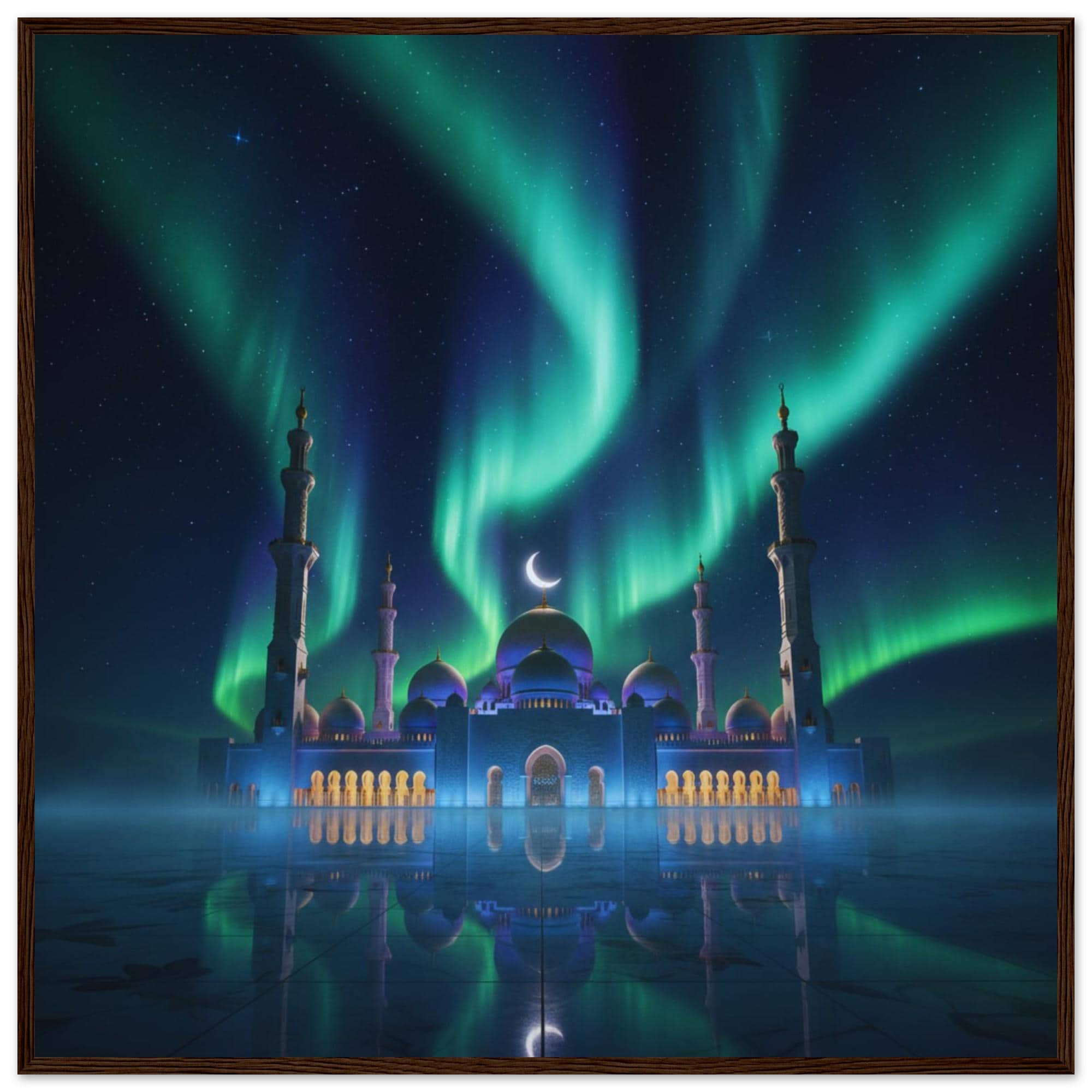 Islamic Mosque Wall Art Framed Print – Aurora Night Mosque Poster, Crescent Moon Muslim Home Decor, Ramadan Decoration, Eid Gift