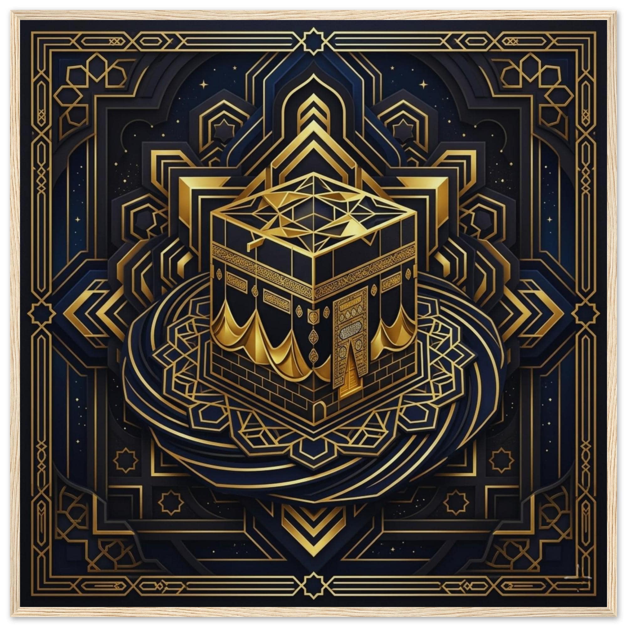 Kaaba Geometric Wall Art - Religious Framed Poster, Islamic Luxury Decor, Mecca Abstract Gold Print, Masjid Al Haram Muslim Home Gift