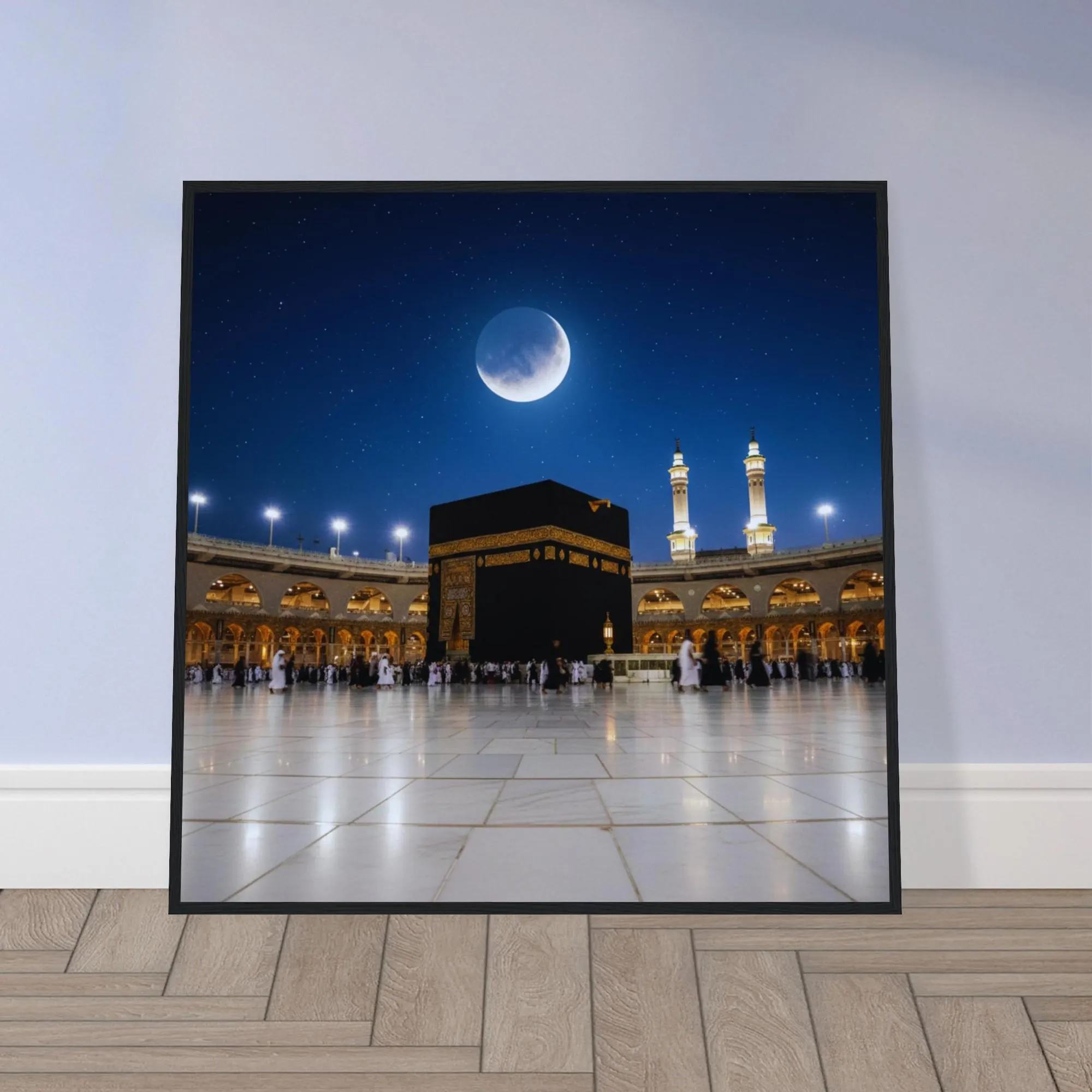 Kaaba Night Framed Wall Art – Mecca Under Full Moon Print, Masjid al Haram Islamic Decor, Muslim Home Gift, Ramadan Eid Artwork - image 3