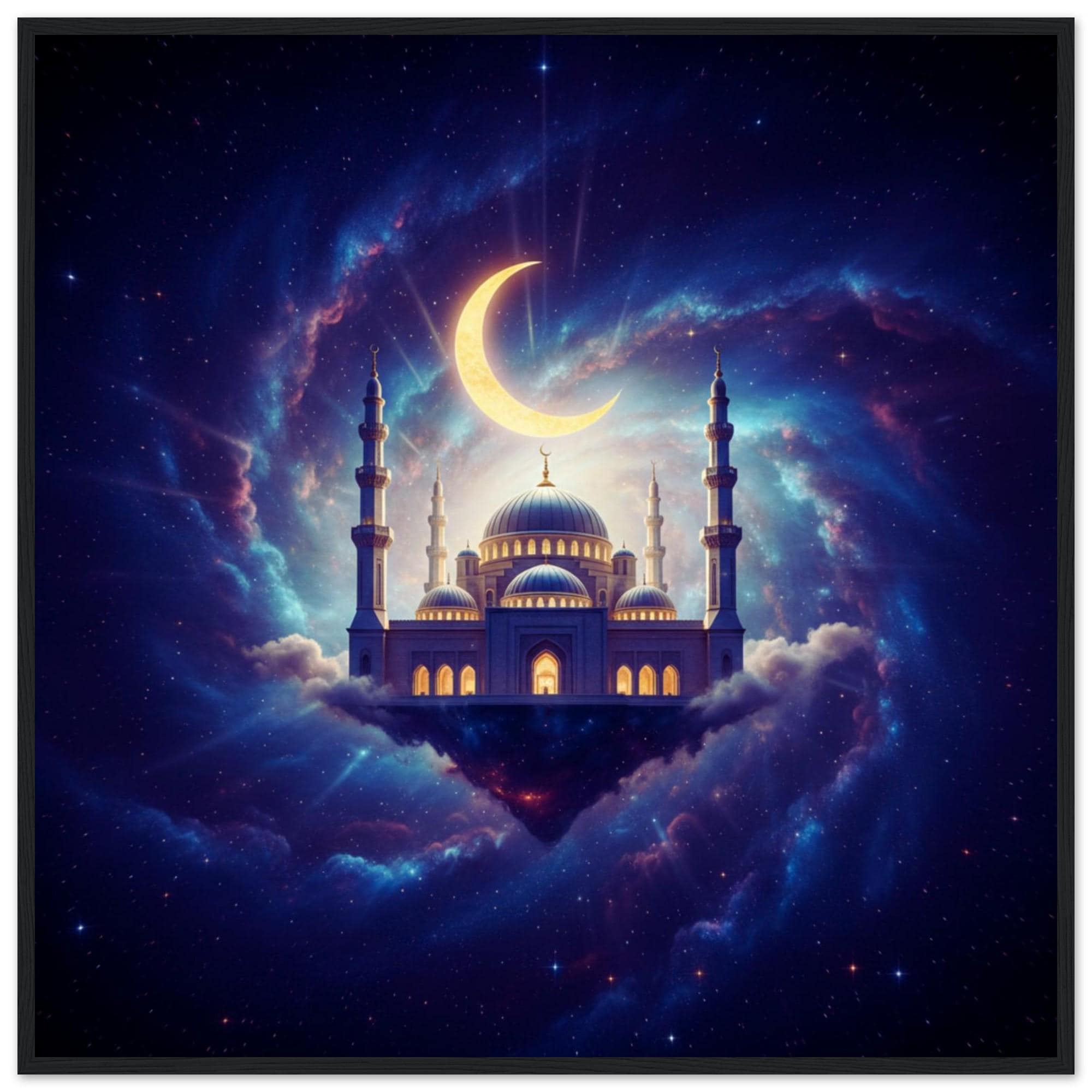Islamic Mosque Wall Art Framed Print – Crescent Moon Night Sky, Celestial Fantasy Decoration, Ramadan Wall Decor, Spiritual Muslim Gift
