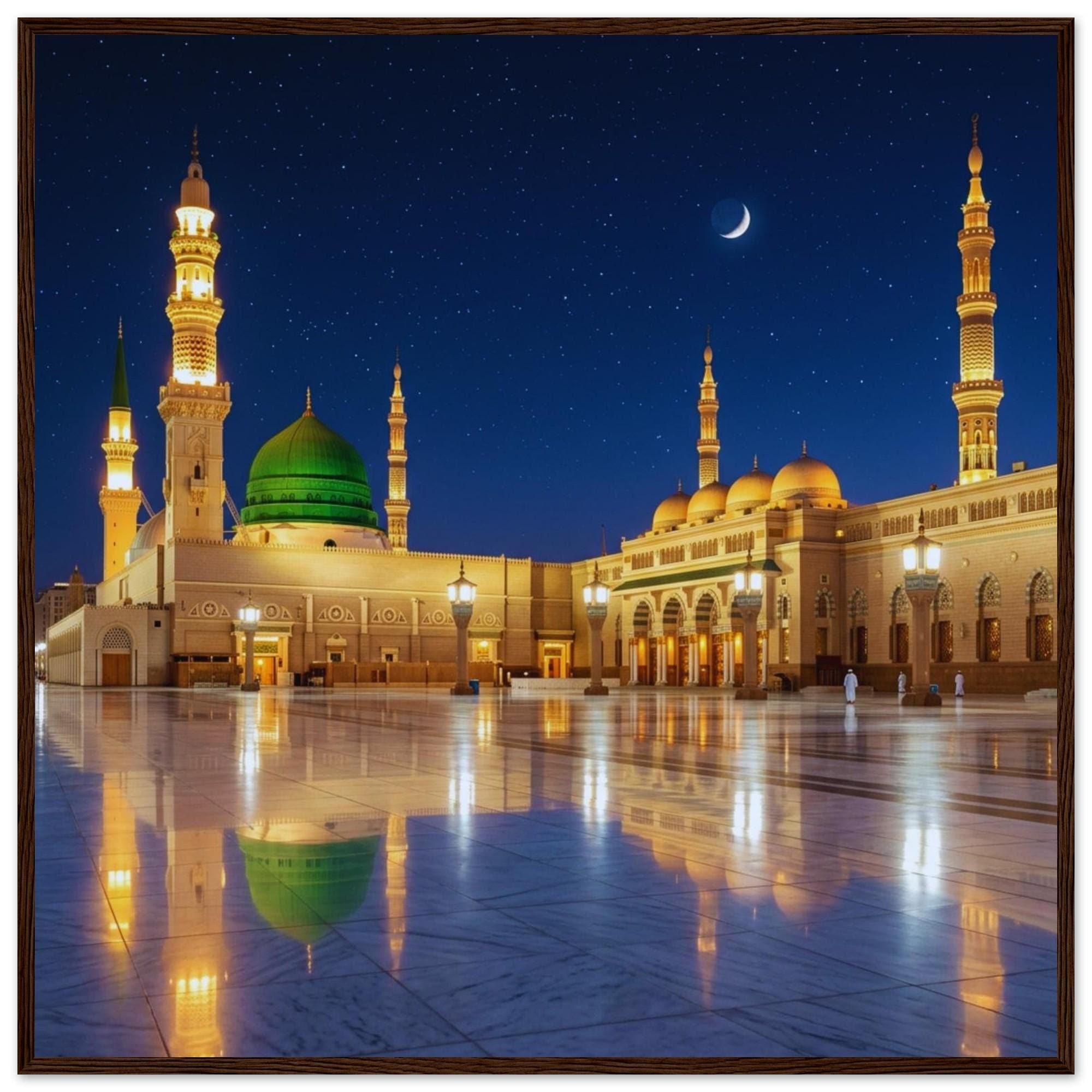 Prophets Mosque Medina Night Wall Art - Islam Religion Framed Poster, Masjid Nabawi Islamic Decor, Moonlight Mosque Print, Muslim Home Gift
