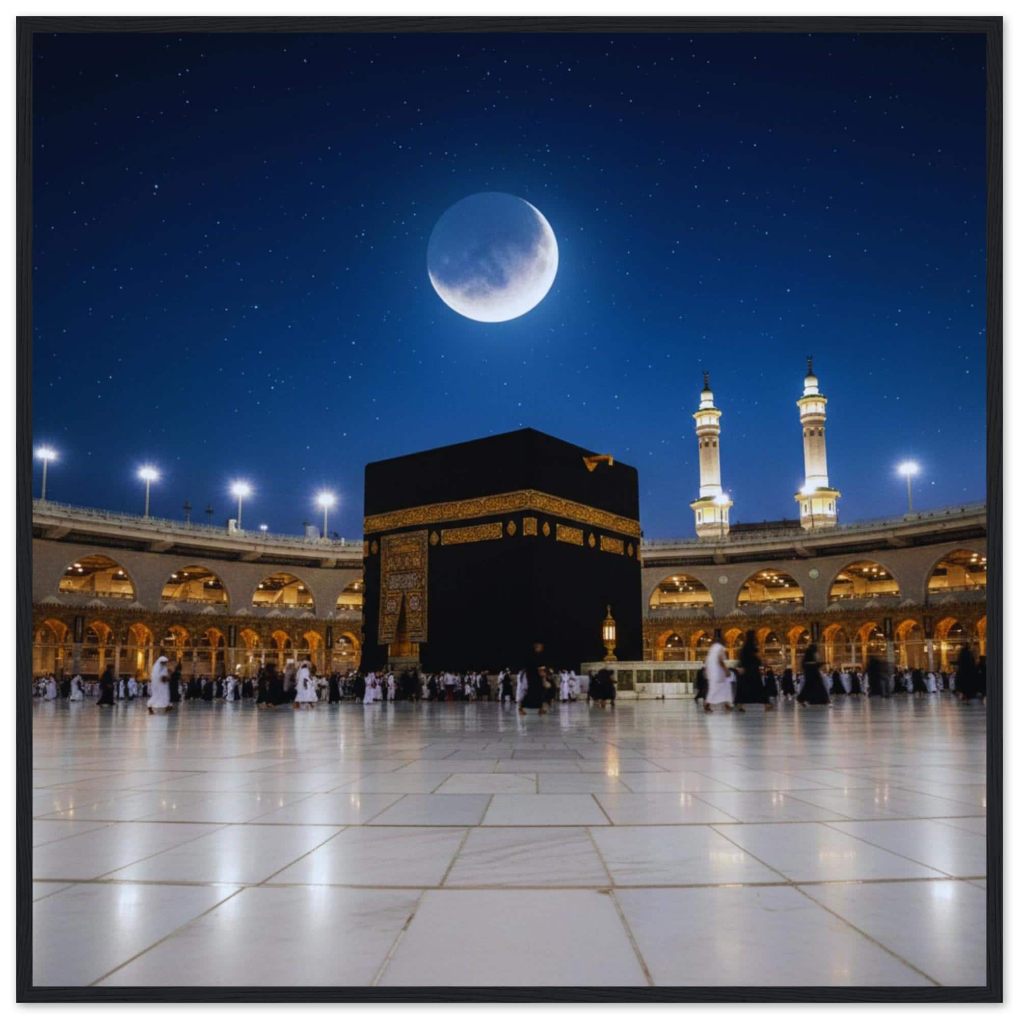 Kaaba Night Framed Wall Art – Mecca Under Full Moon Print, Masjid al Haram Islamic Decor, Muslim Home Gift, Ramadan Eid Artwork