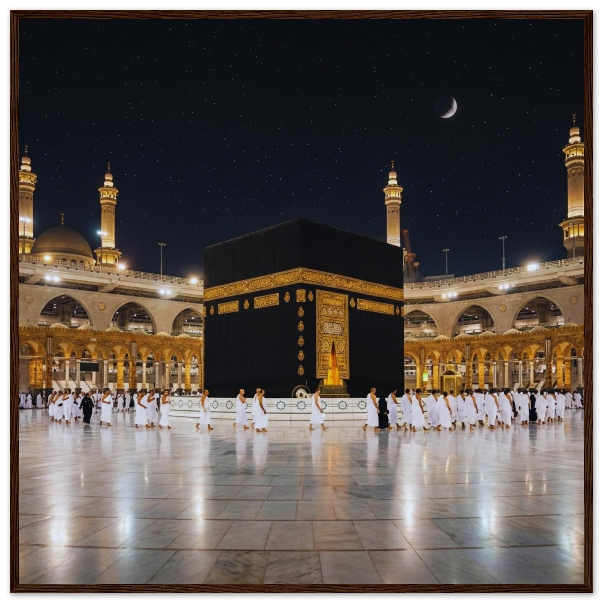 Kaaba Night Framed Poster - Mecca Wall Art, Islamic Decoration, Masjid Al Haram Print, Hajj Umrah Gift, Muslim Home Kaaba Artwork