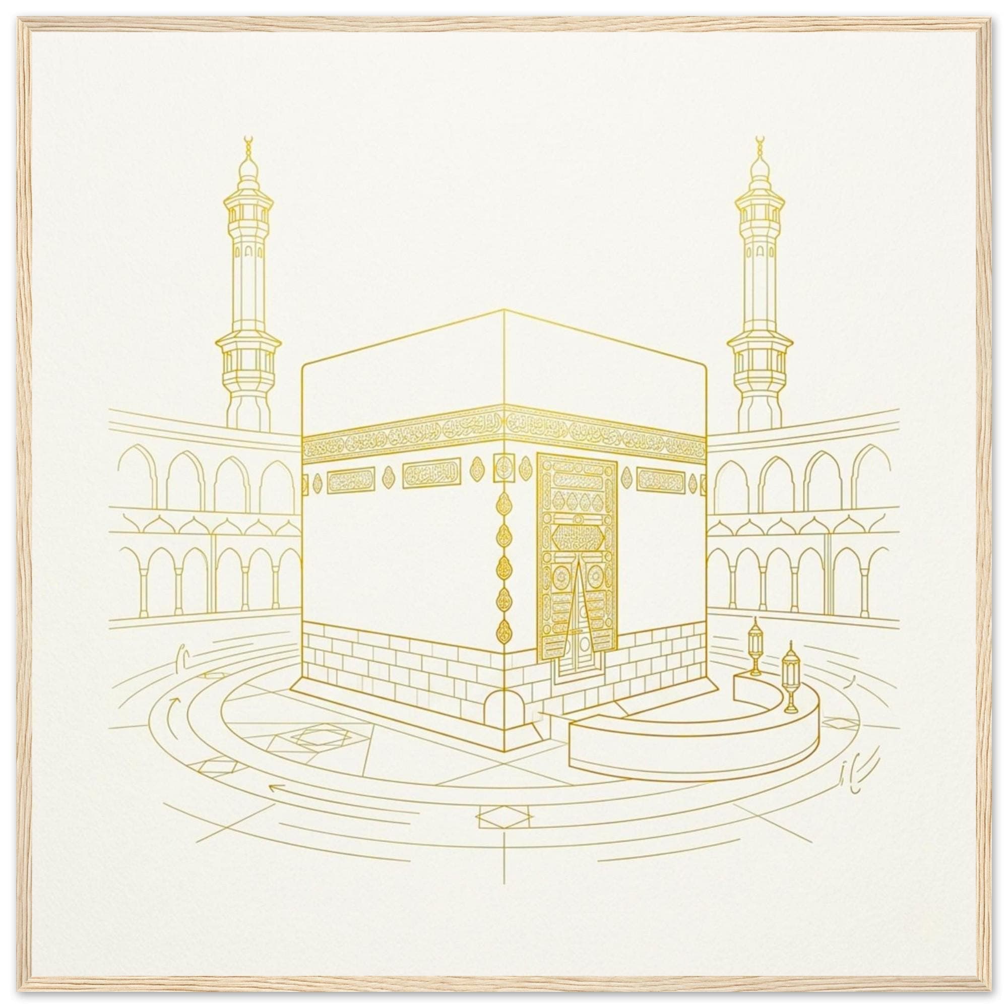 Minimalist Kaaba Line Art Print - Mecca Islamic Wall Decor, Gold Outline Mosque Artwork, Modern Muslim Home Poster, Ramadan Eid Gift