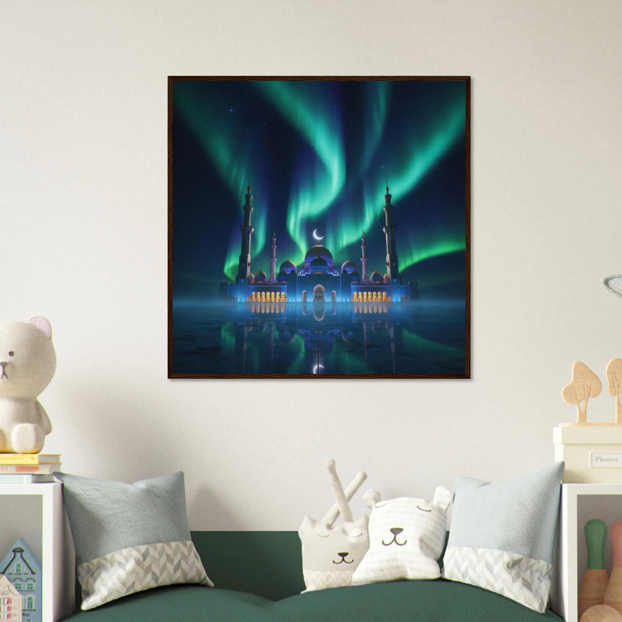 Islamic Mosque Wall Art Framed Print – Aurora Night Mosque Poster, Crescent Moon Muslim Home Decor, Ramadan Decoration, Eid Gift - image 4