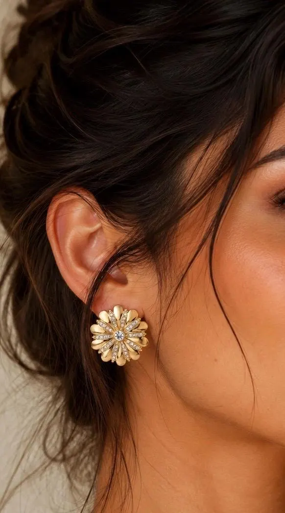 Gold Flower Stud Earrings, Rhinestone Crystal Daisy, Vintage Style Floral Statement - image 5