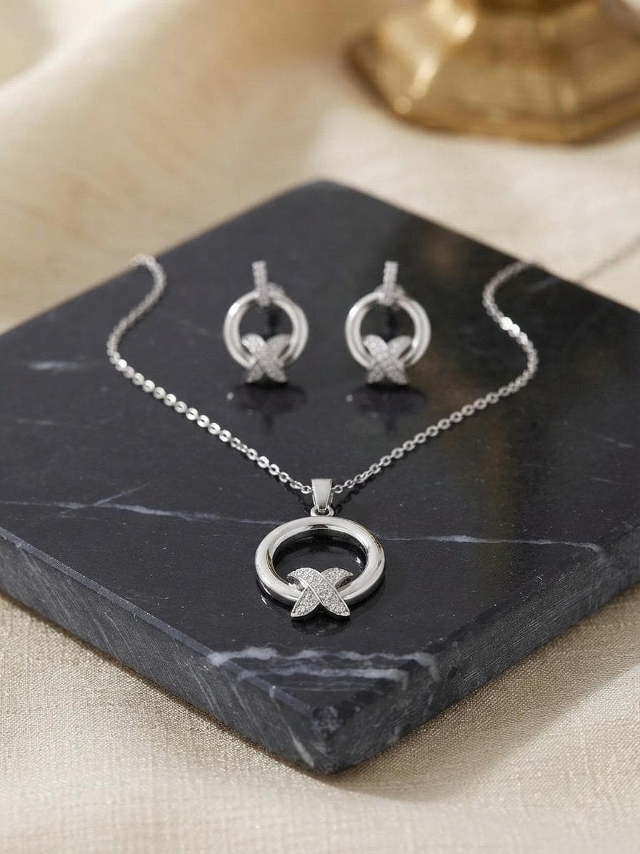Silver Geometric Circle Pavé Crystal Necklace Earrings Set Modern Minimalist Jewelry - image 2