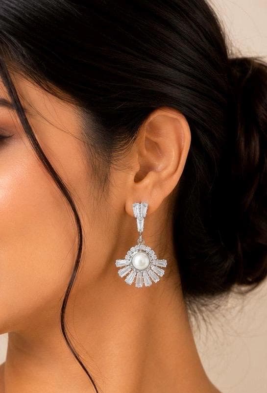 Pearl Crystal Drop Earrings, Art Deco Bridal Wedding Jewelry - image 3