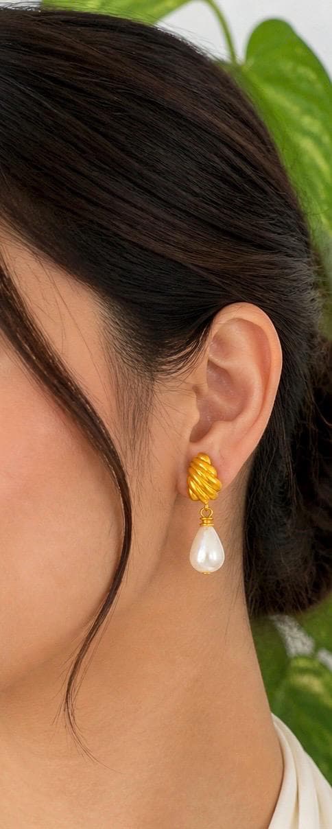 Gold Tone Pearl Drop Earrings | Teardrop Dangle - image 3