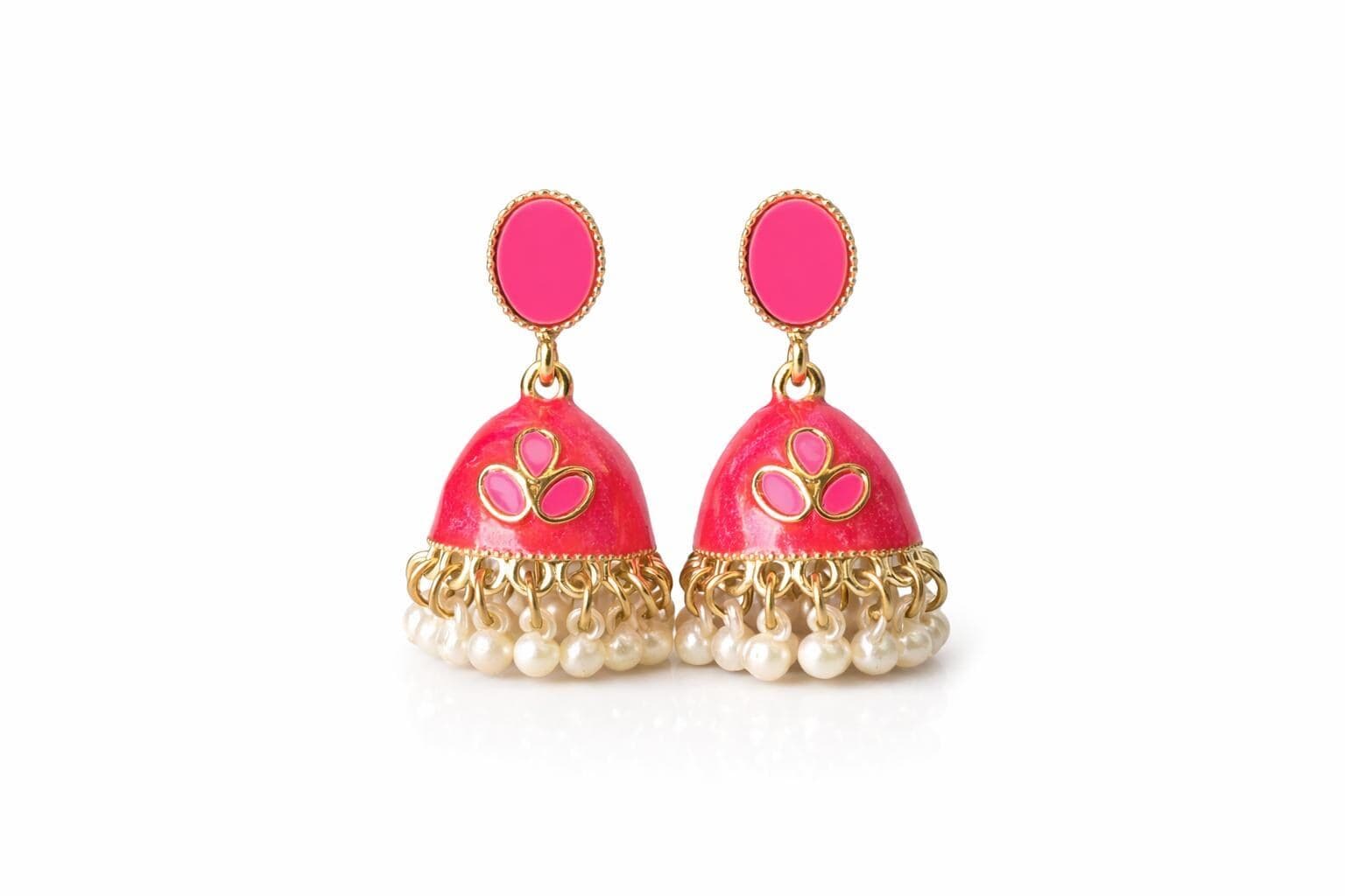 Pink Jhumka Earrings with Pearls        Handmade Indian Earrings - image 2