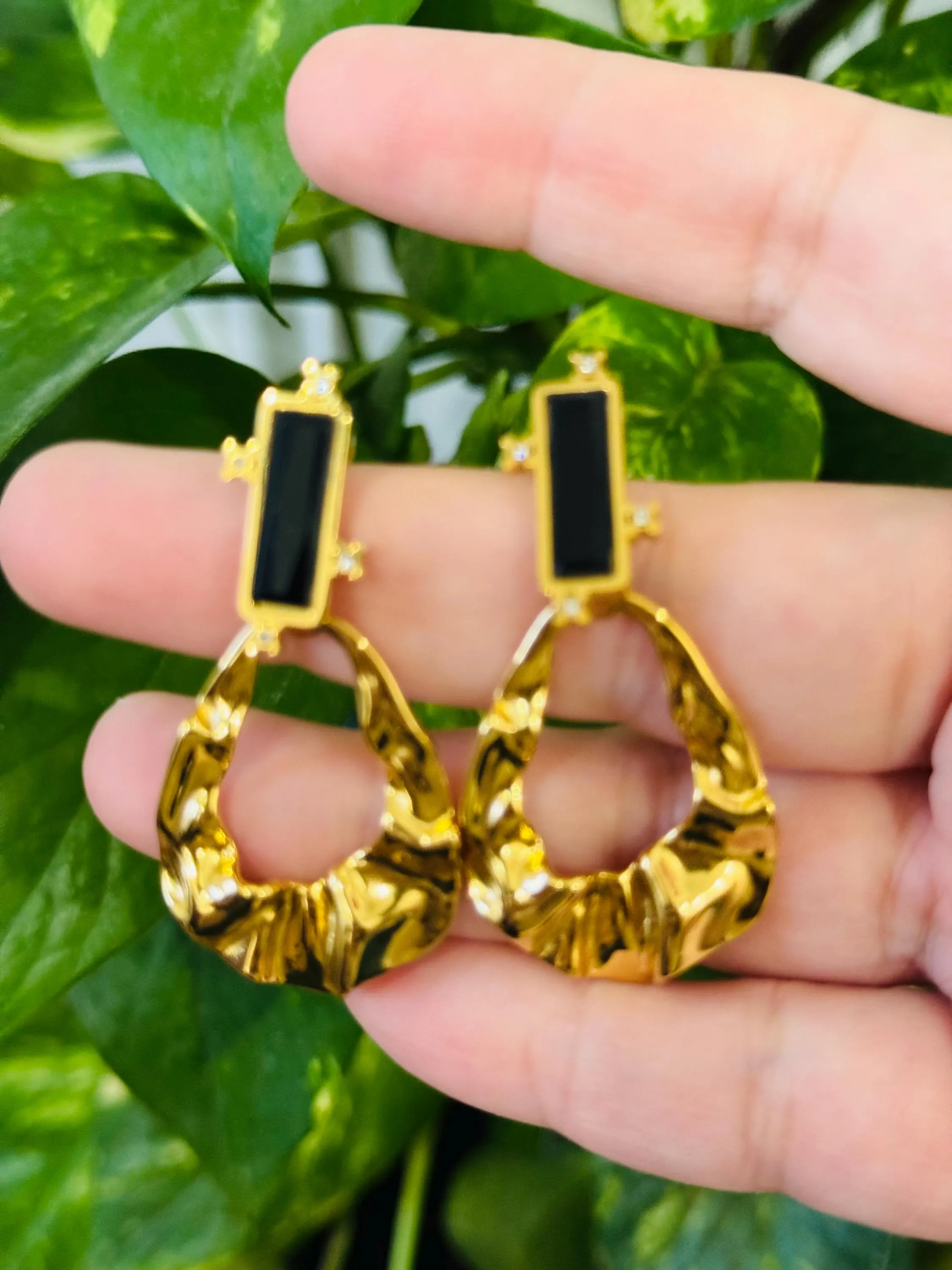 Gold Drop Earrings | Black Stone, Hammered Hoop, Elegant Jewelry - image 5
