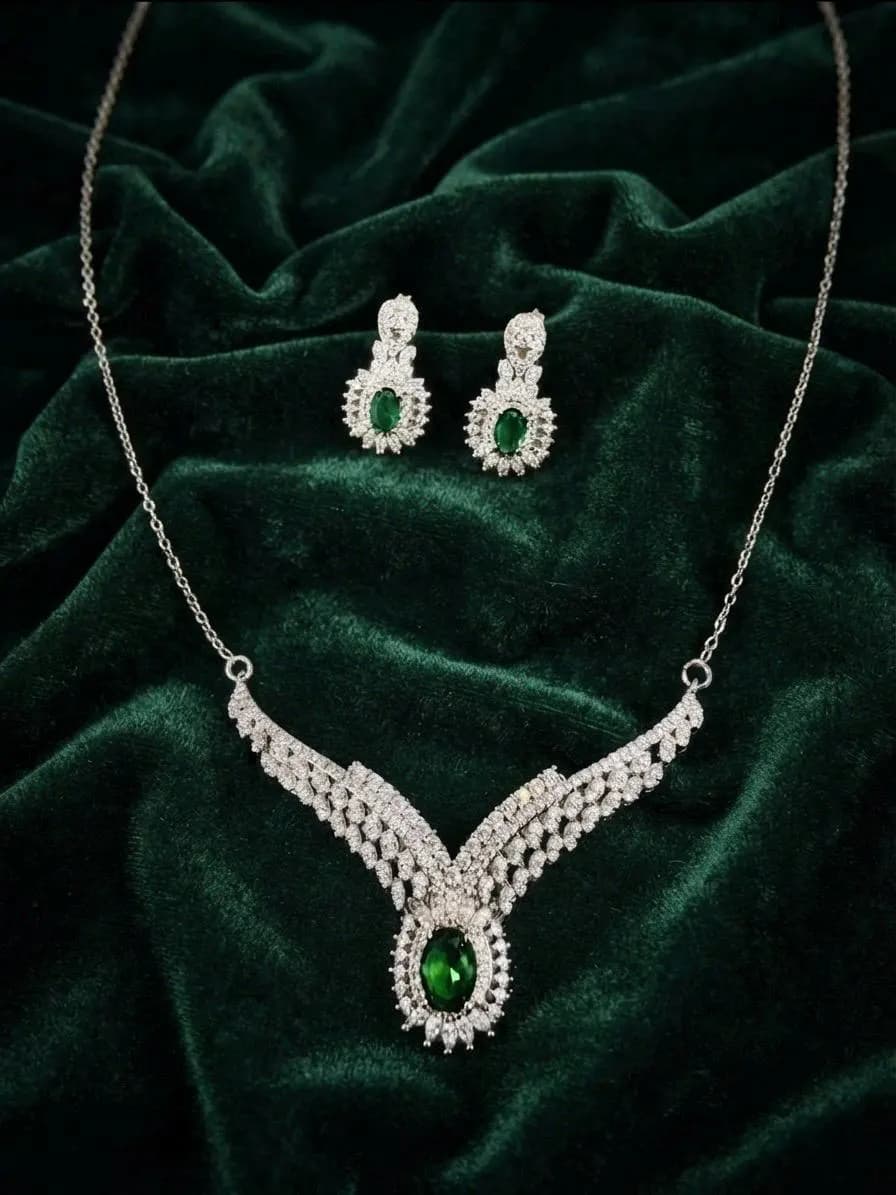 Emerald Green CZ Bridal Jewelry Set, Rhodium-Plated Sterling Silver Necklace Earrings - image 4