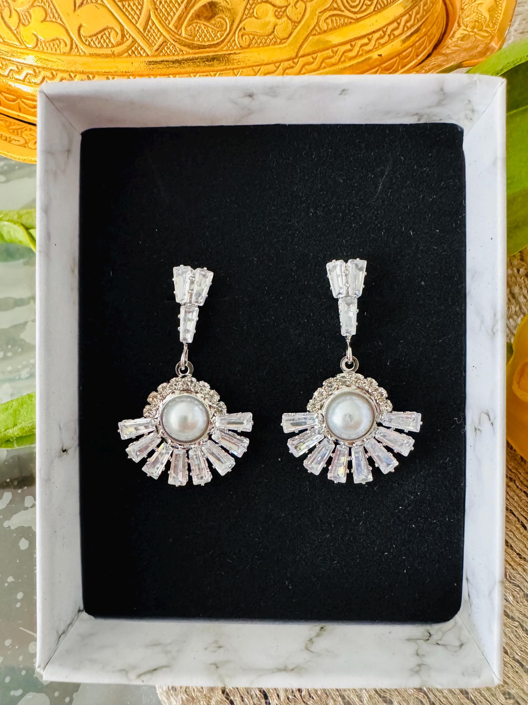 Pearl Crystal Drop Earrings, Art Deco Bridal Wedding Jewelry - image 5