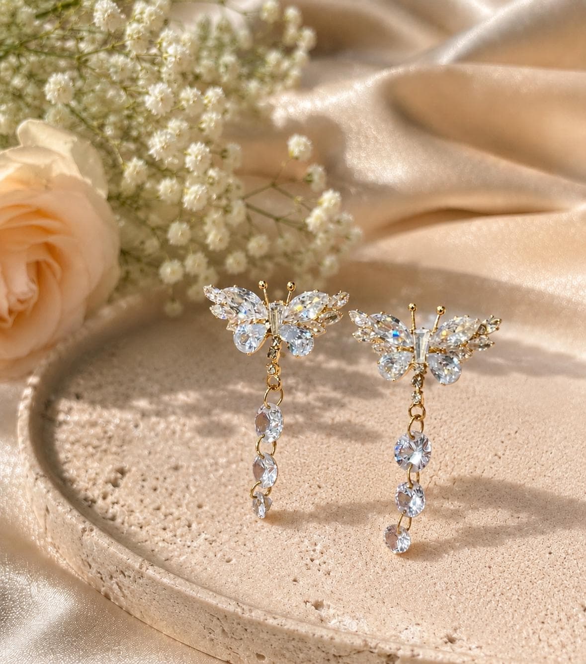Gold Butterfly Crystal Drop Earrings | Dainty Rhinestone Bridal Fairycore Jewelry - image 4