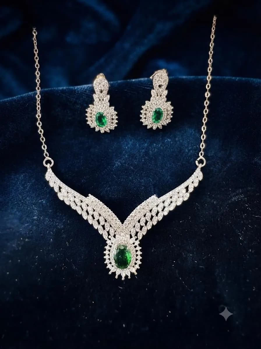Emerald Green CZ Bridal Jewelry Set, Rhodium-Plated Sterling Silver Necklace Earrings