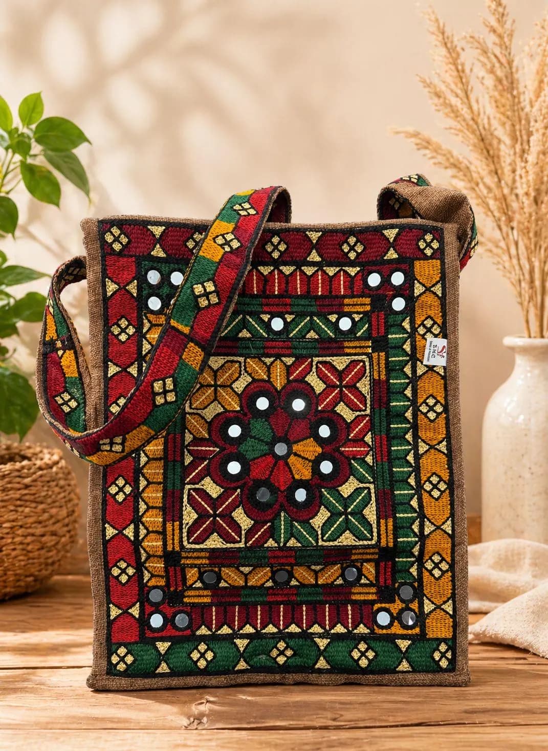 Boho Mirror Work Tote Bag | Embroidered Tribal Shoulder Bag, Banjara Style Purse