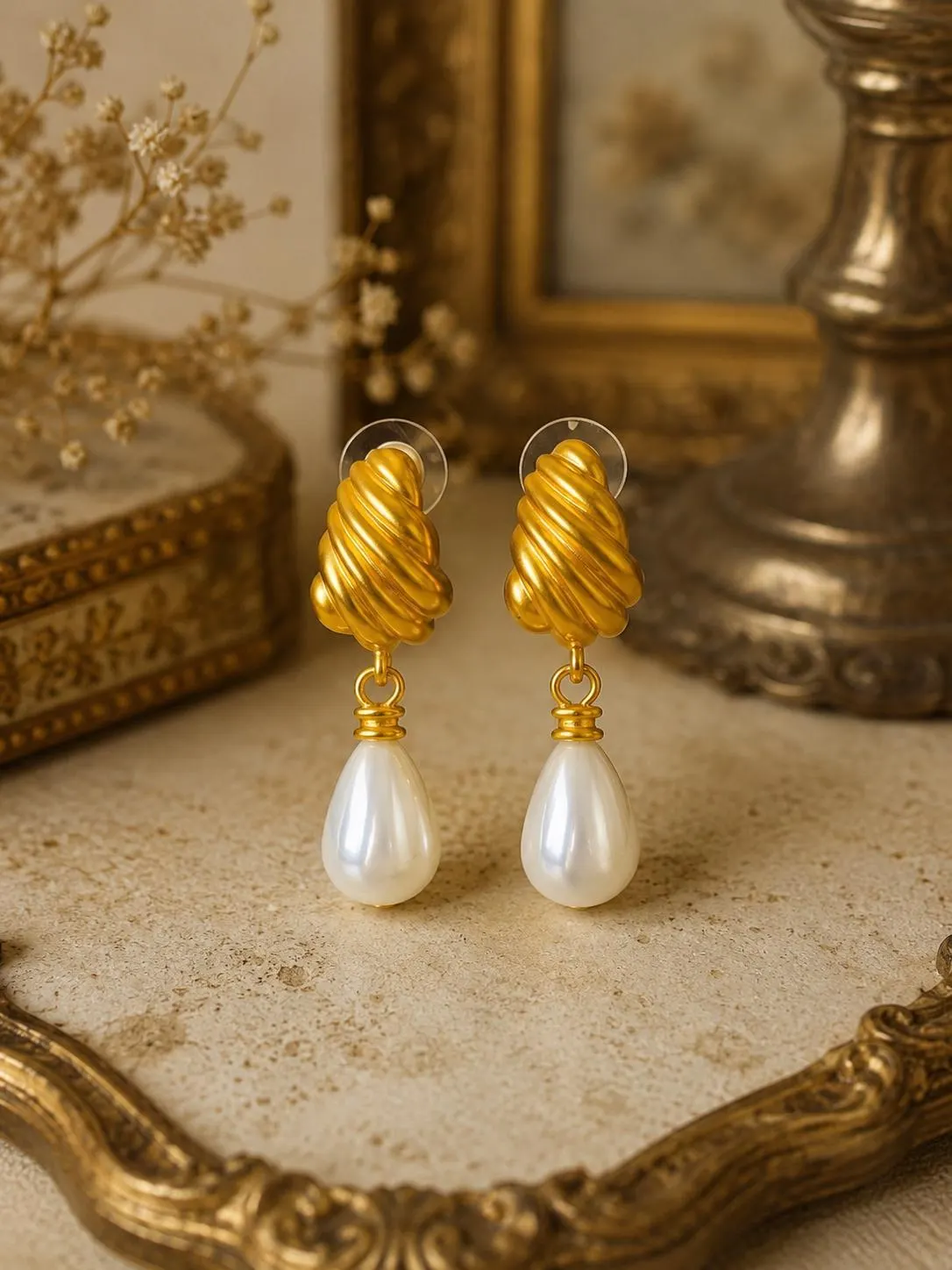 Gold Tone Pearl Drop Earrings | Teardrop Dangle