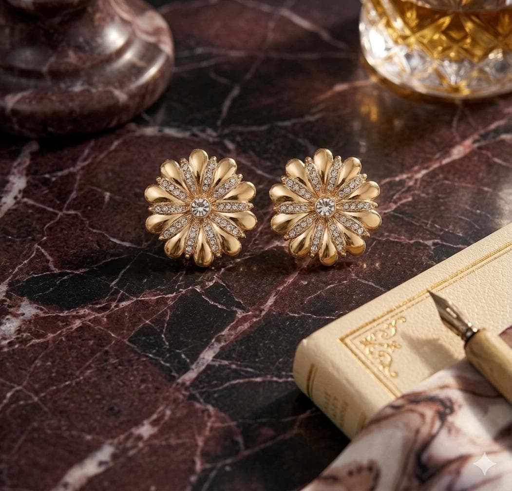 Gold Flower Stud Earrings, Rhinestone Crystal Daisy, Vintage Style Floral Statement - image 4