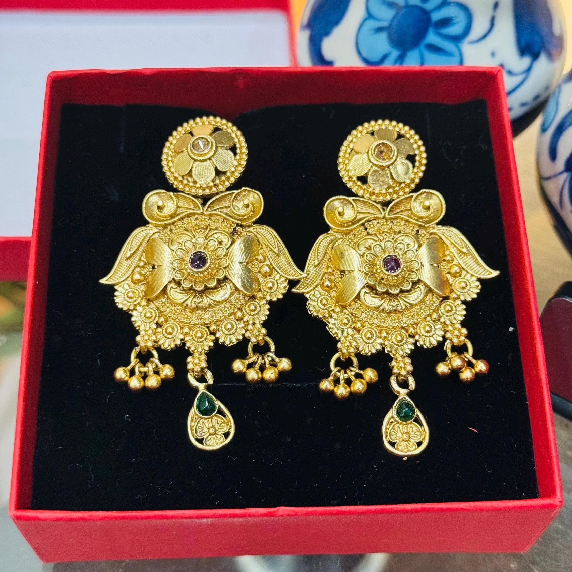 Antique Gold Plated Jhumka Earrings | Indian Temple imitated Jewelry - image 4