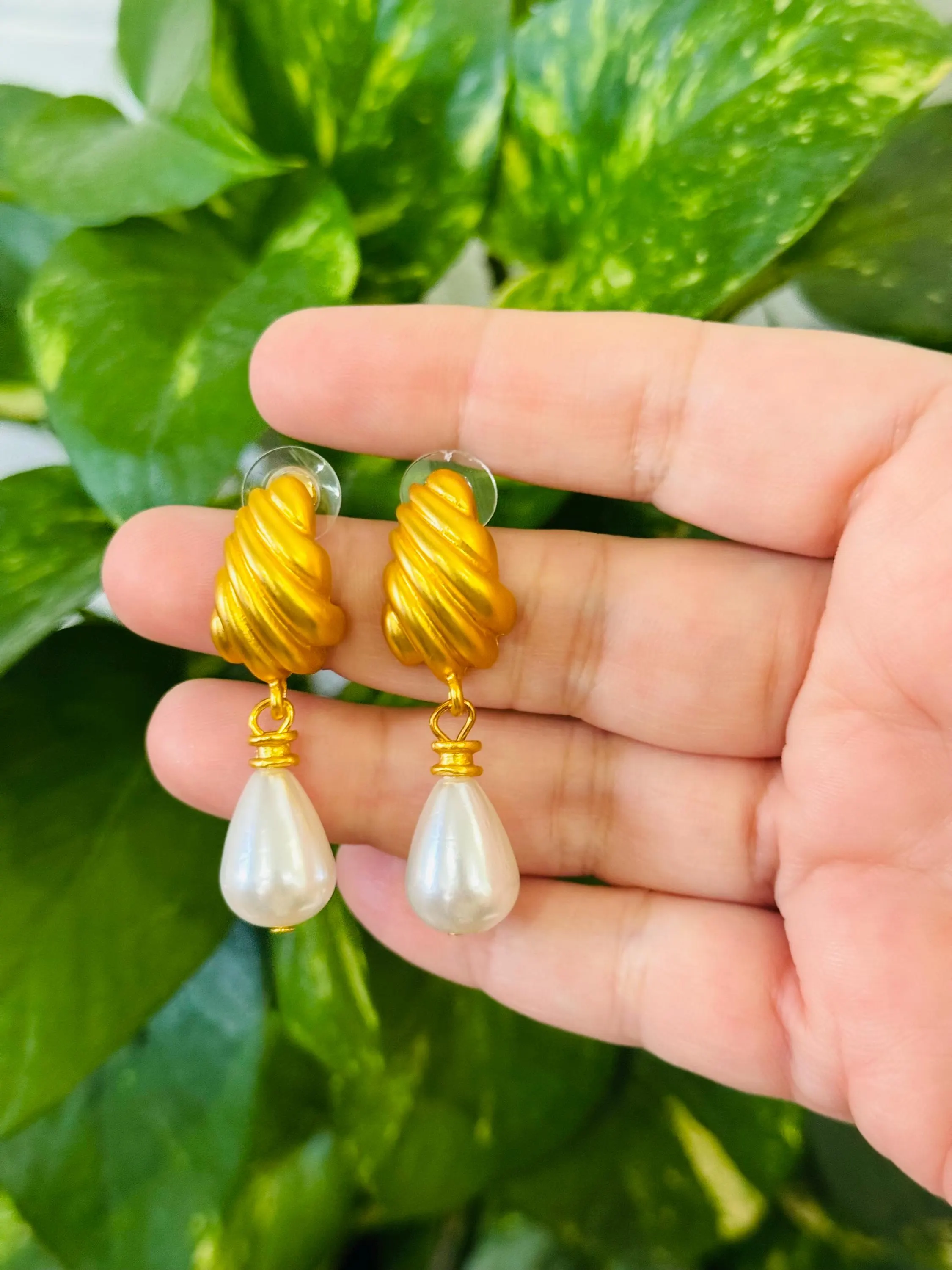 Gold Tone Pearl Drop Earrings | Teardrop Dangle - image 4