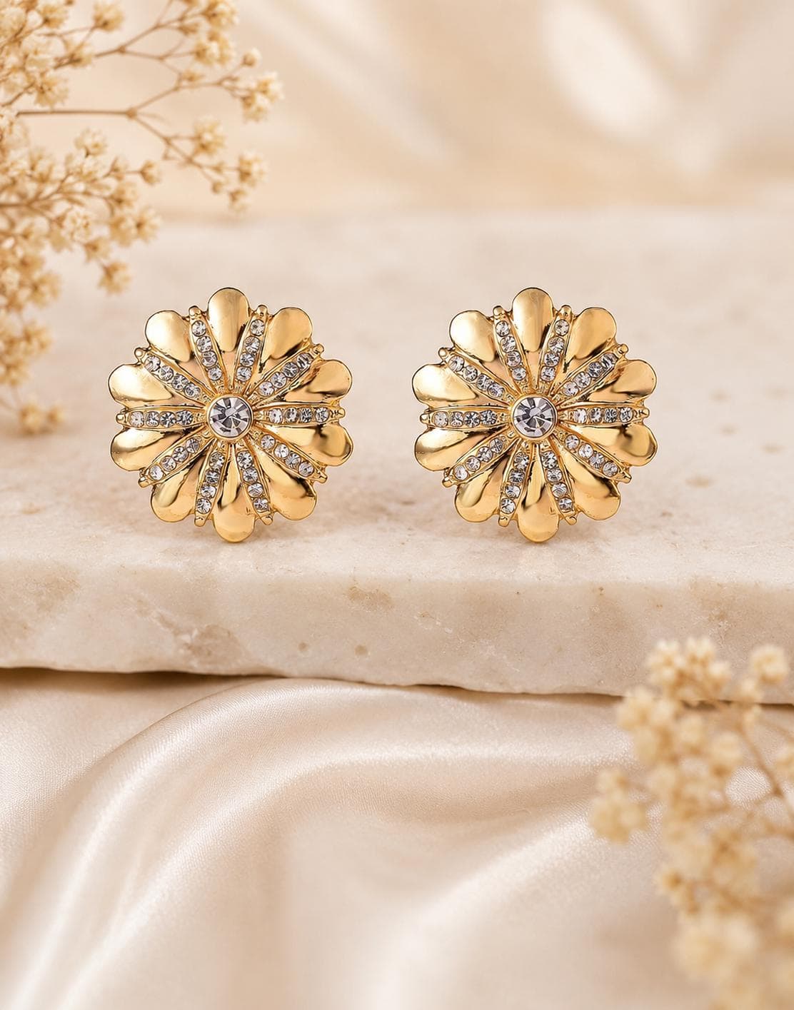 Gold Flower Stud Earrings, Rhinestone Crystal Daisy, Vintage Style Floral Statement