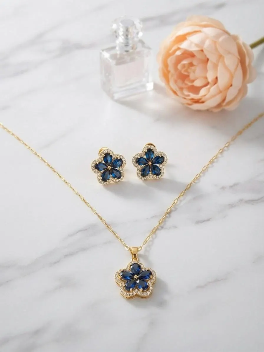 Blue Flower Jewelry Set: Zirconia Pendant Necklace, Stud Earrings, Gold-Tone Floral Design - image 5