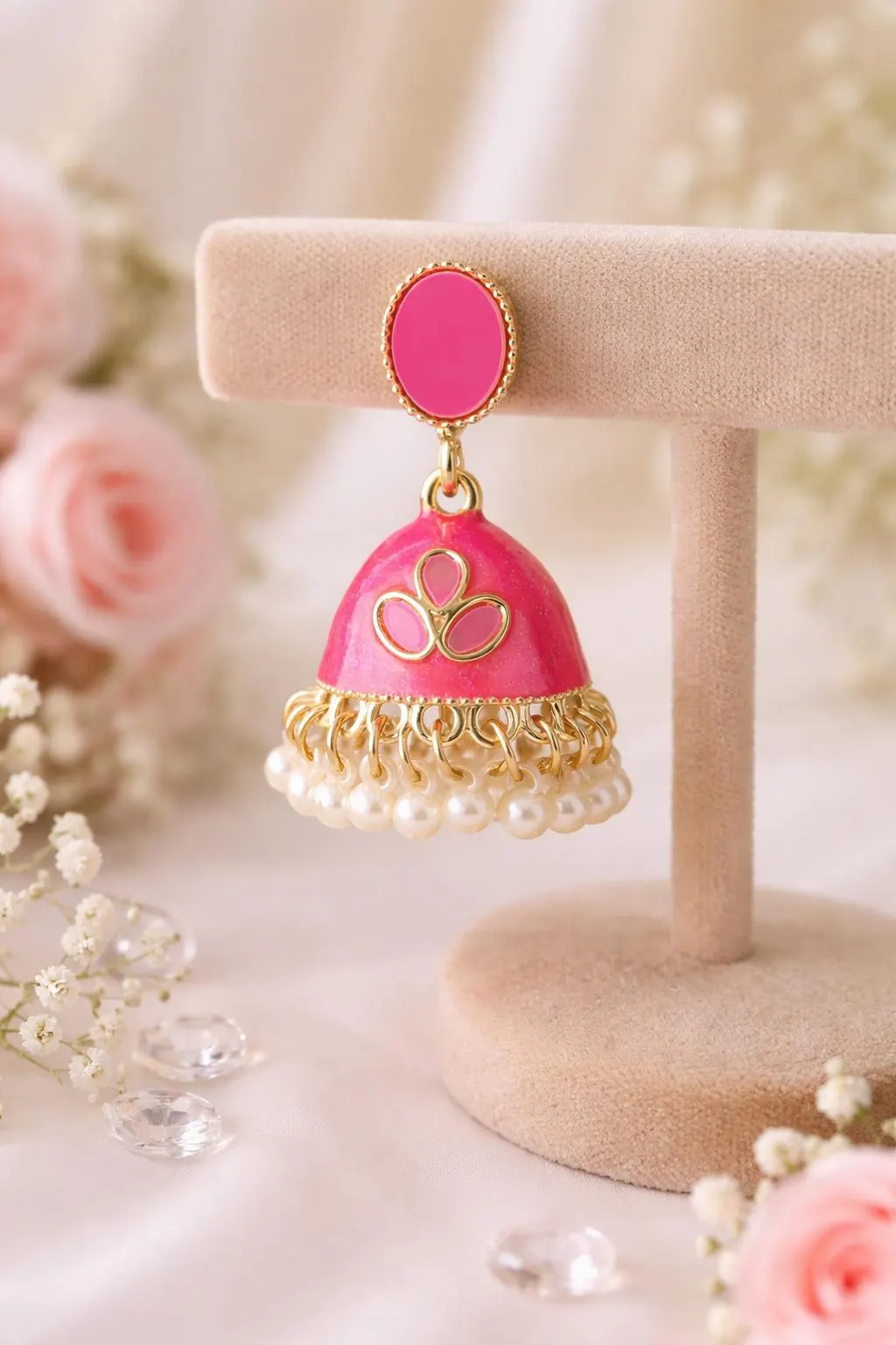 Pink Jhumka Earrings with Pearls        Handmade Indian Earrings - image 5