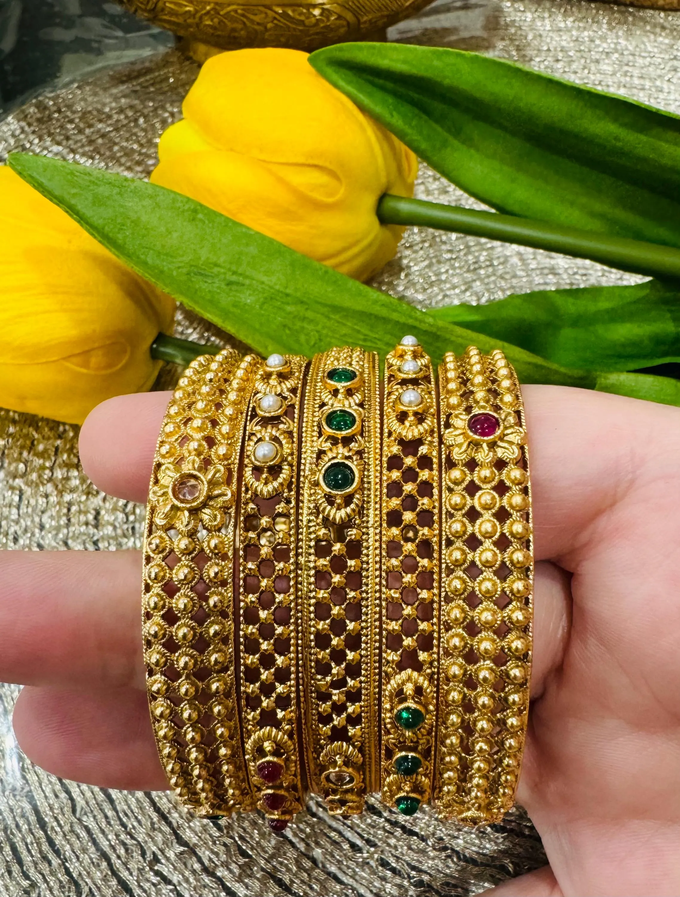 Gold Plated Kundan Bangles | Indian Bridal Jewelry, 2.5 inches - image 4