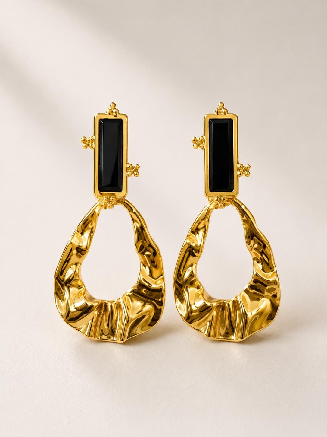 Gold Drop Earrings | Black Stone, Hammered Hoop, Elegant Jewelry - image 3