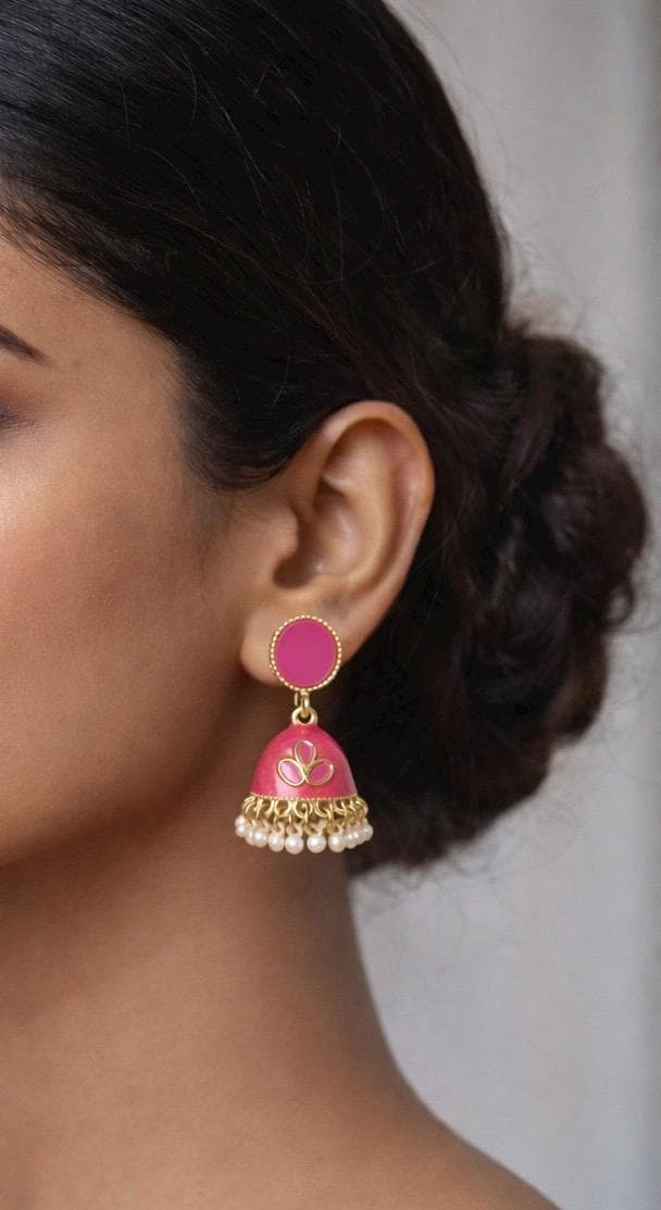 Pink Jhumka Earrings with Pearls        Handmade Indian Earrings