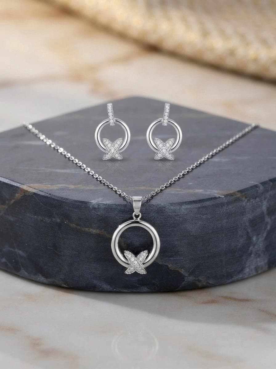 Silver Geometric Circle Pavé Crystal Necklace Earrings Set Modern Minimalist Jewelry - image 3