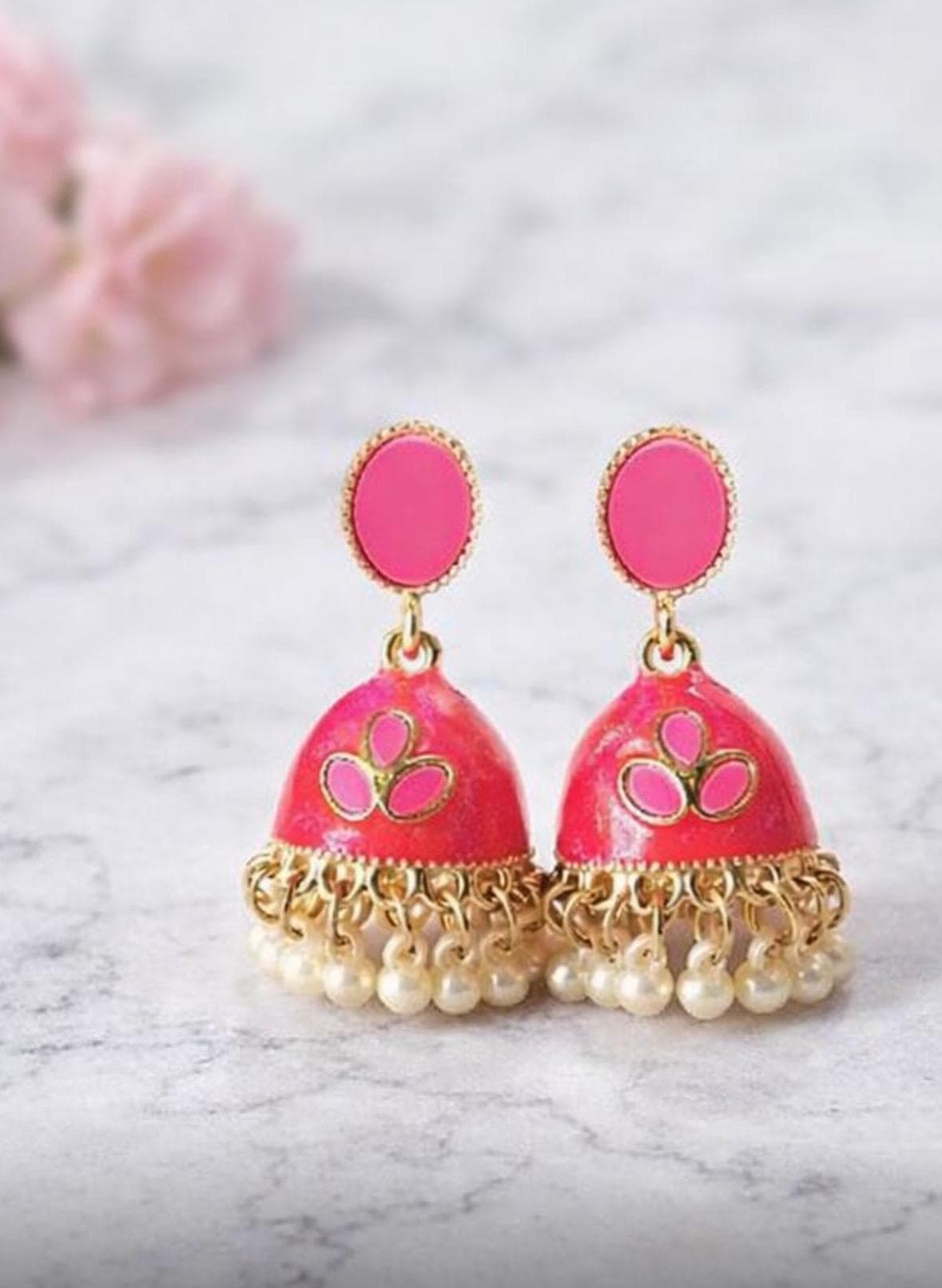 Pink Jhumka Earrings with Pearls        Handmade Indian Earrings - image 3