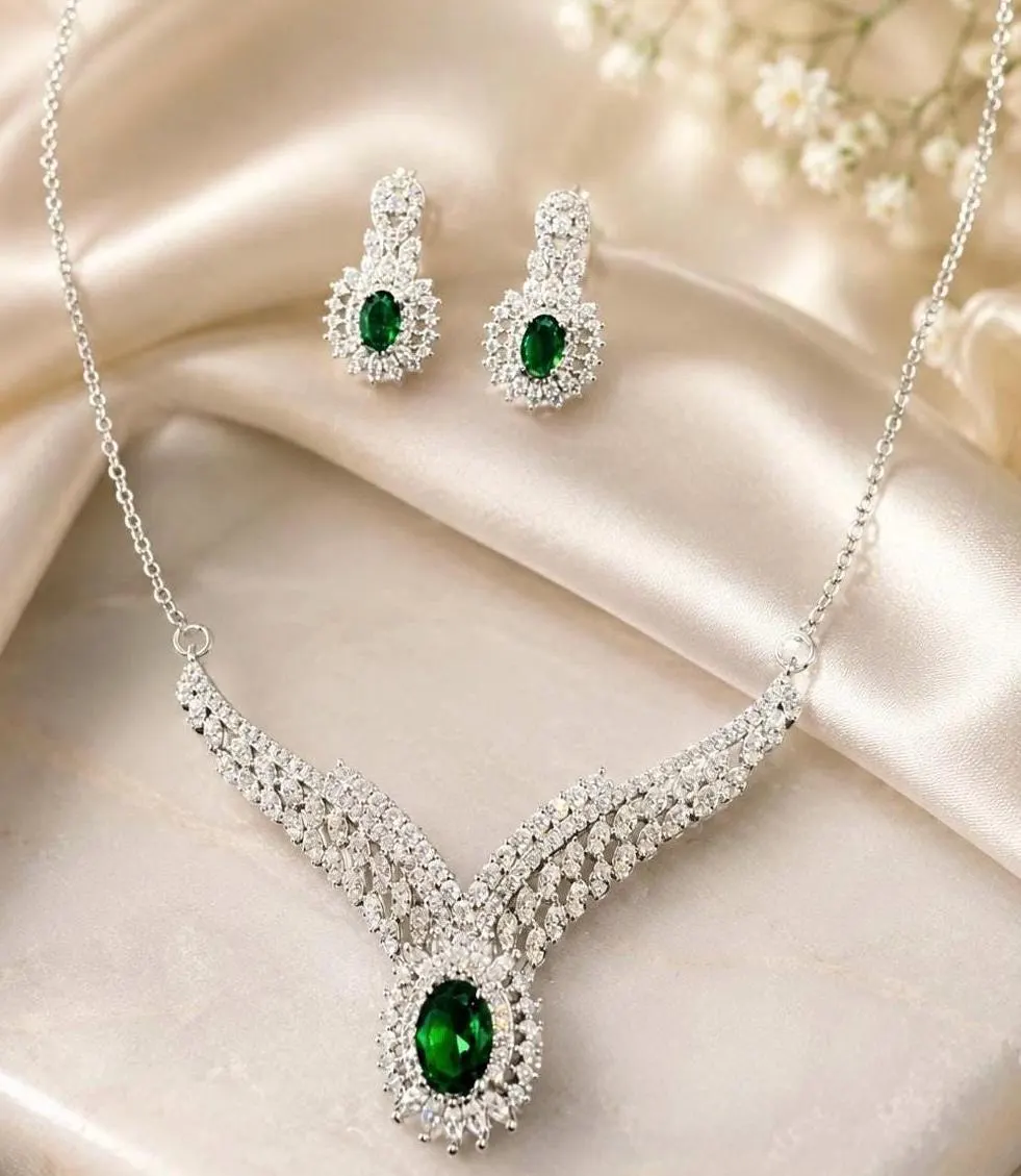 Emerald Green CZ Bridal Jewelry Set, Rhodium-Plated Sterling Silver Necklace Earrings - image 2