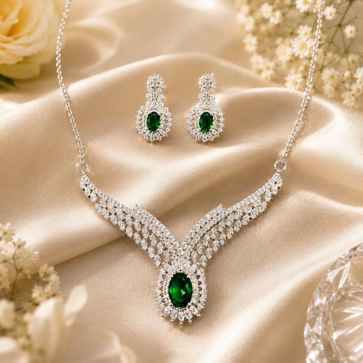 Emerald Green CZ Bridal Jewelry Set, Rhodium-Plated Sterling Silver Necklace Earrings - image 5