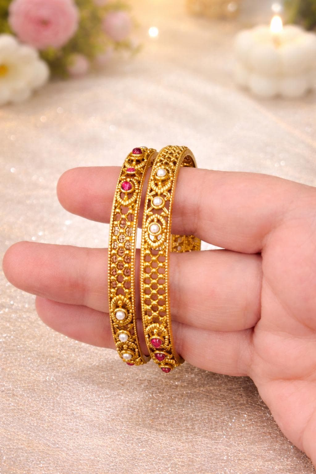 Gold Plated Kundan Bangles | Indian Bridal Jewelry, 2.5 inches - image 2