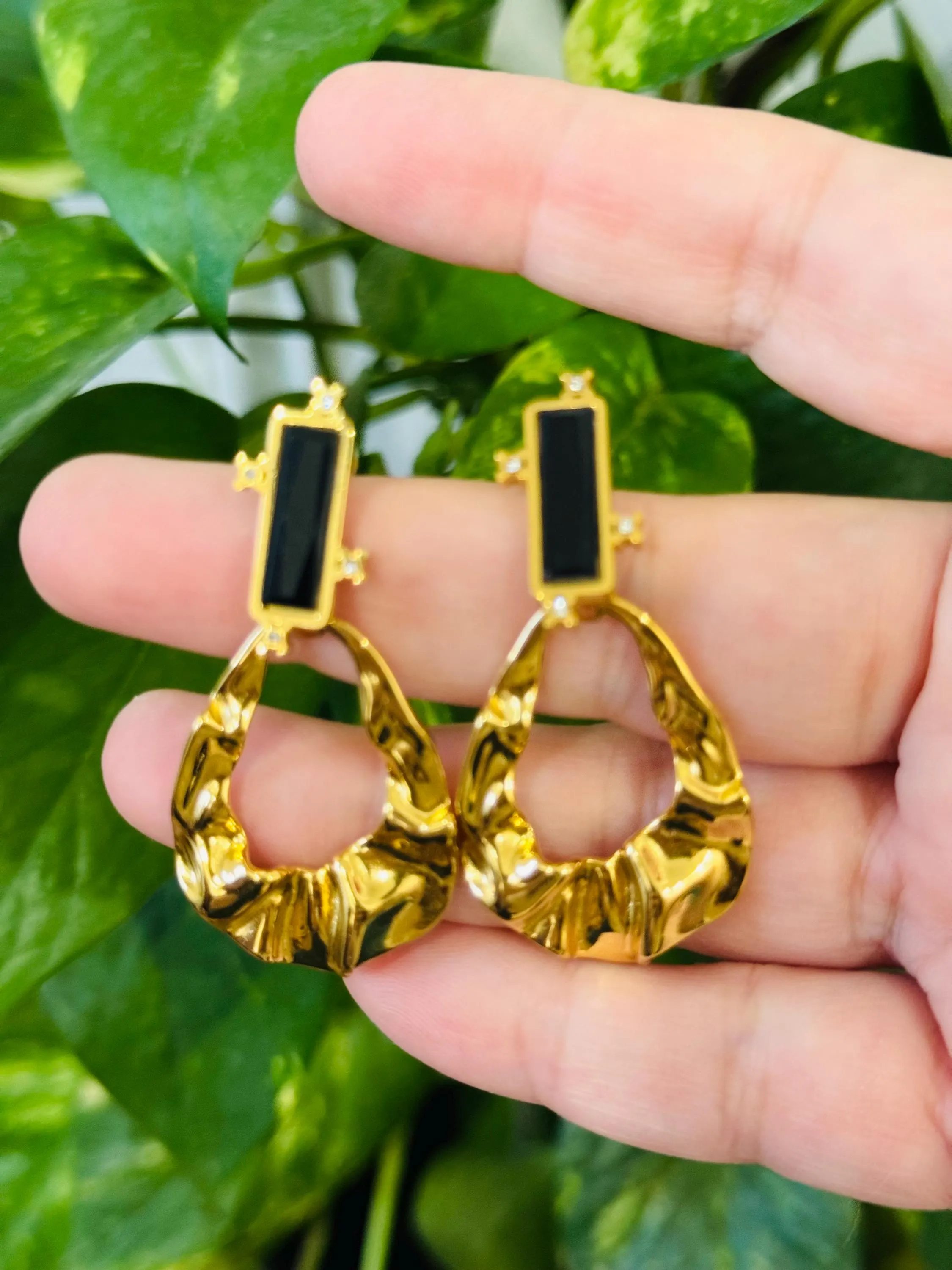 Gold Drop Earrings | Black Stone, Hammered Hoop, Elegant Jewelry - image 4
