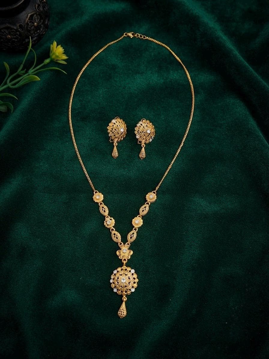 Gold Plated Filigree Necklace and Earring Set: Dainty Statement Bridal Jewelry