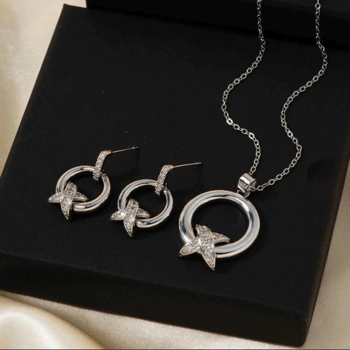 Silver Geometric Circle Pavé Crystal Necklace Earrings Set Modern Minimalist Jewelry