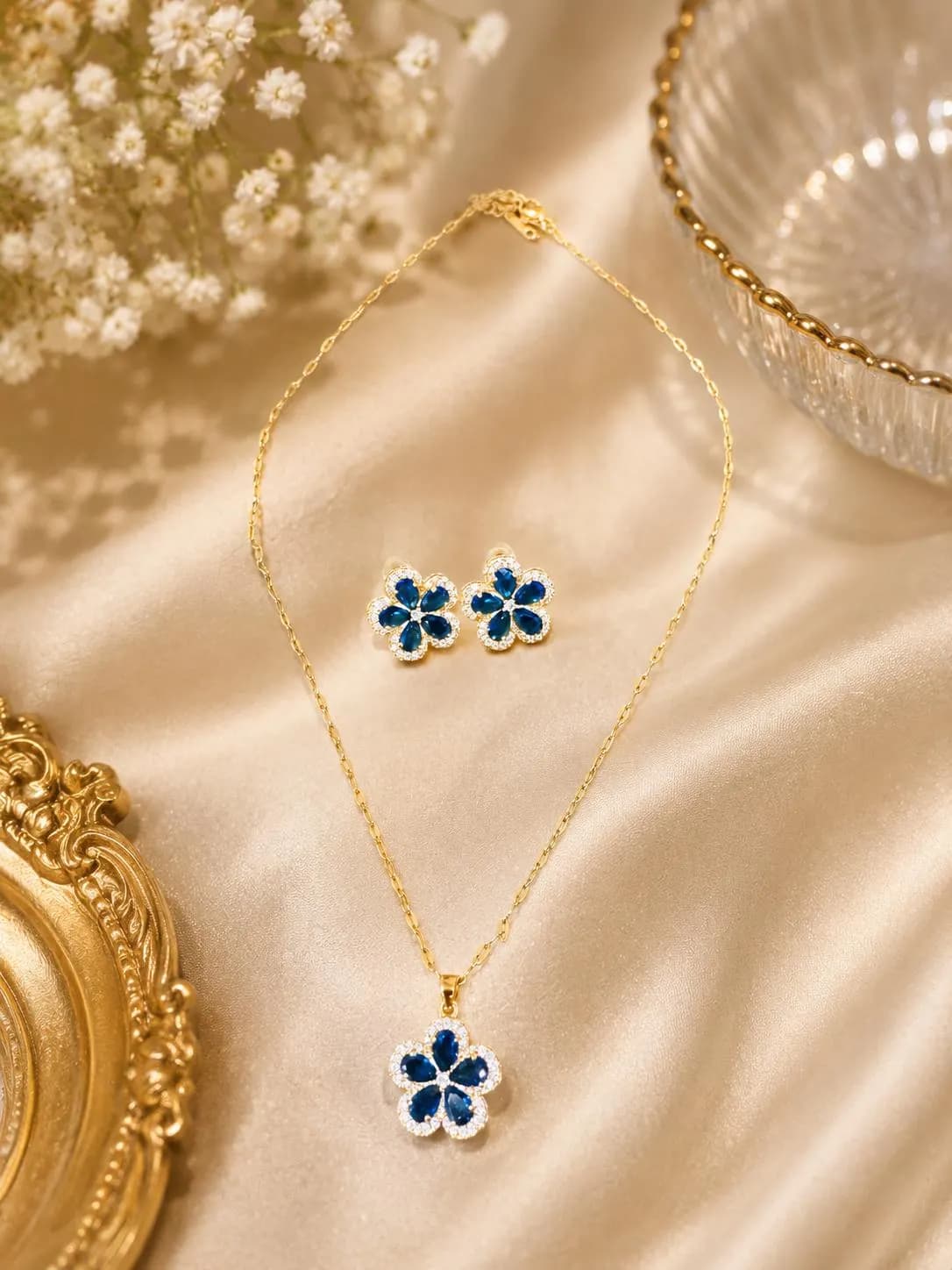Blue Flower Jewelry Set: Zirconia Pendant Necklace, Stud Earrings, Gold-Tone Floral Design - image 3