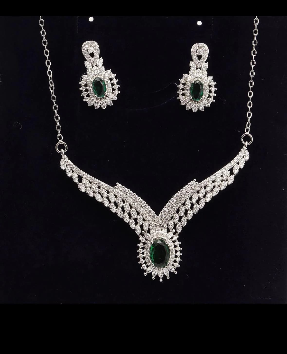 Emerald Green CZ Bridal Jewelry Set, Rhodium-Plated Sterling Silver Necklace Earrings - image 3