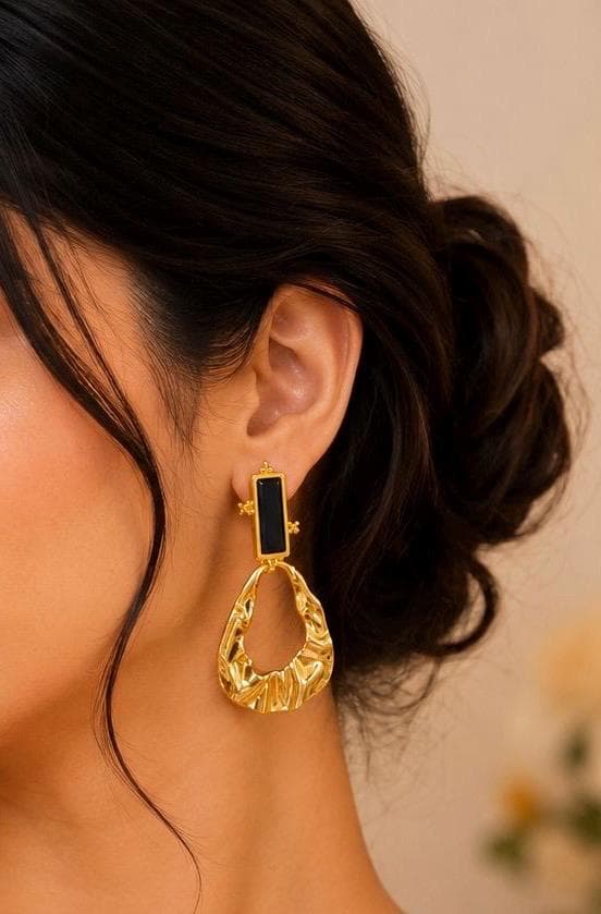 Gold Drop Earrings | Black Stone, Hammered Hoop, Elegant Jewelry