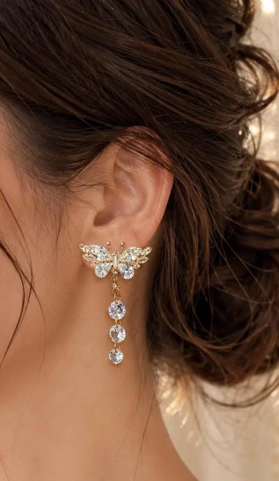 Gold Butterfly Crystal Drop Earrings | Dainty Rhinestone Bridal Fairycore Jewelry - image 2