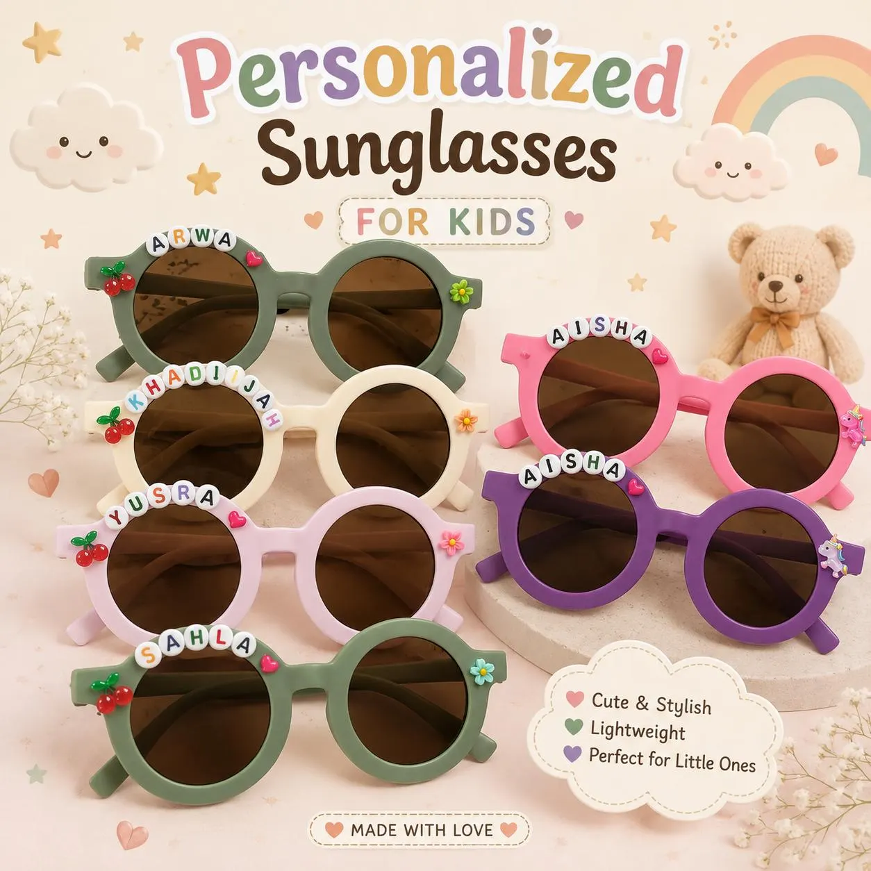 Personalized Kids Round Frame Sunglasses with Name & Charm | Custom Toddler Sunglasses Choose Your Icon | Alphabet Bead Glasses Party Favor